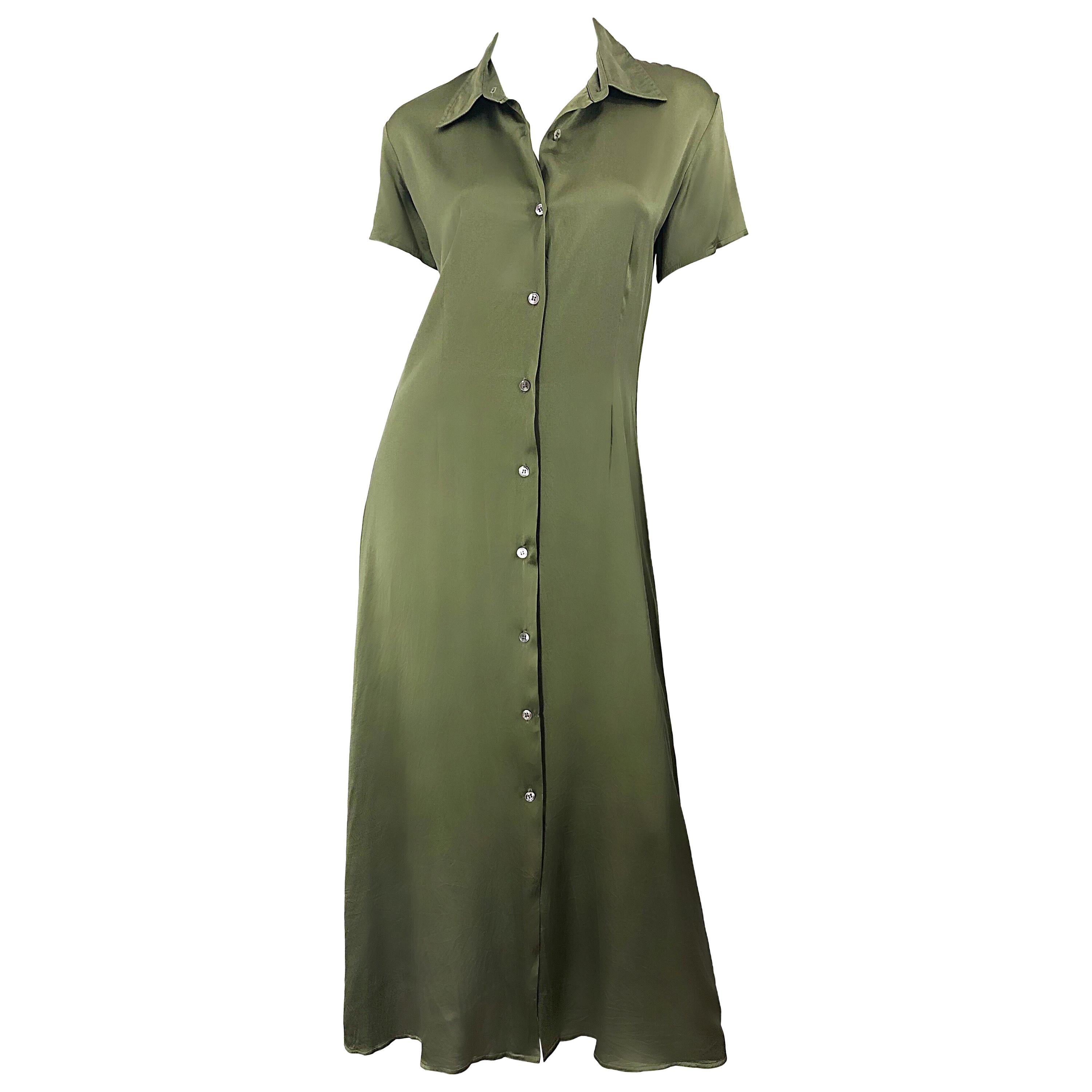 1970s Halston Olive Green Liquid Silk Vintage 70s Short Sleeve Maxi Shirt Dress