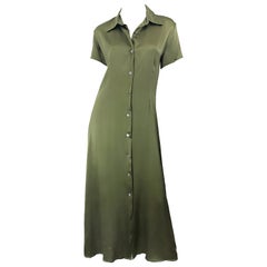 1970s Halston Olive Green Liquid Silk Vintage 70s Short Sleeve Maxi Shirt Dress