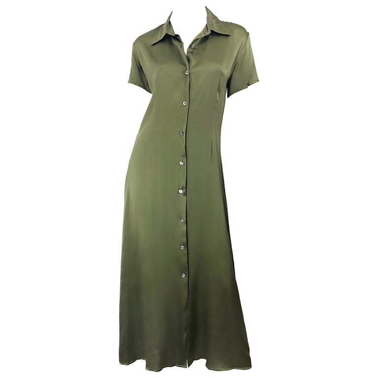 1970s Halston Olive Green Liquid Silk Vintage 70s Short Sleeve Maxi Shirt Dress For Sale At 1stdibs