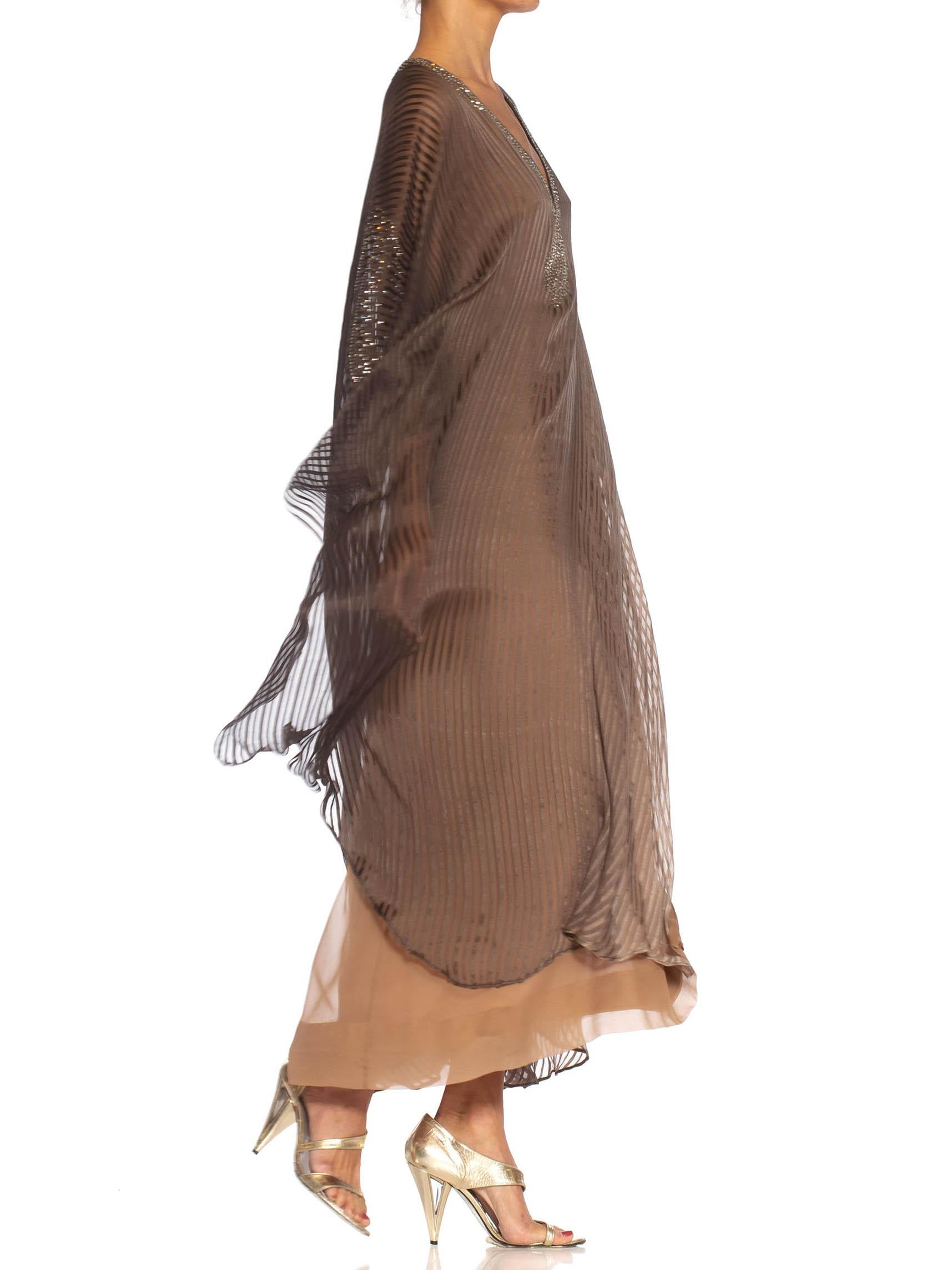 Brown 1970S HALSTON Ombré Silk Chiffon Stripe Kaftan Dress With Crystal Embellishments