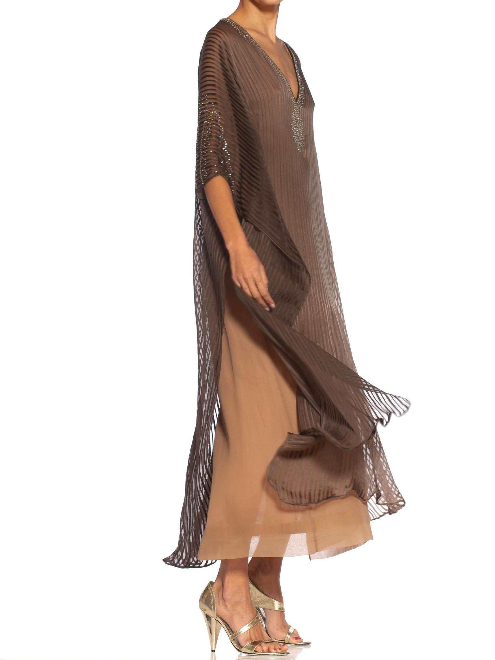 1970S HALSTON Ombré Silk Chiffon Stripe Kaftan Dress With Crystal Embellishments In Excellent Condition In New York, NY