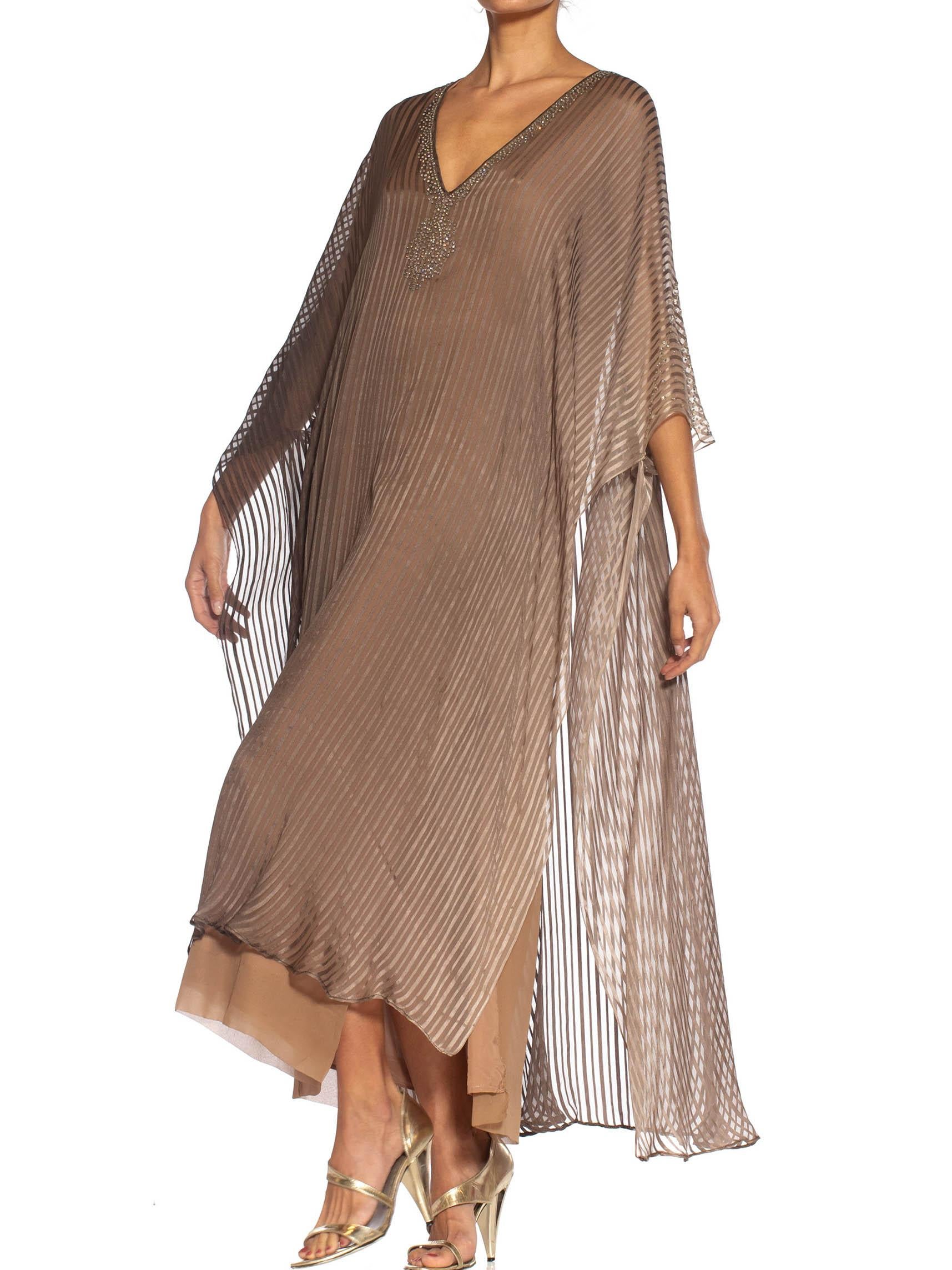 Women's 1970S HALSTON Ombré Silk Chiffon Stripe Kaftan Dress With Crystal Embellishments