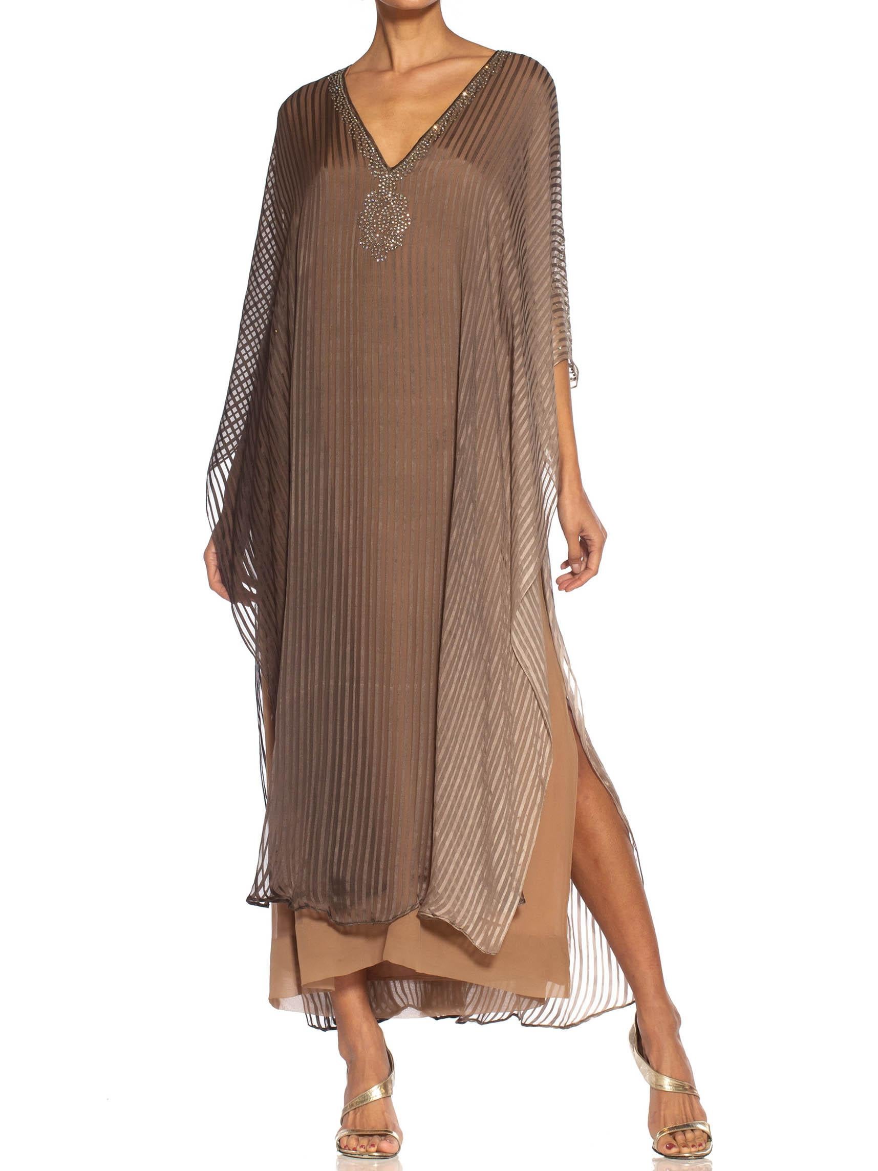 1970S HALSTON Ombré Silk Chiffon Stripe Kaftan Dress With Crystal Embellishments 4