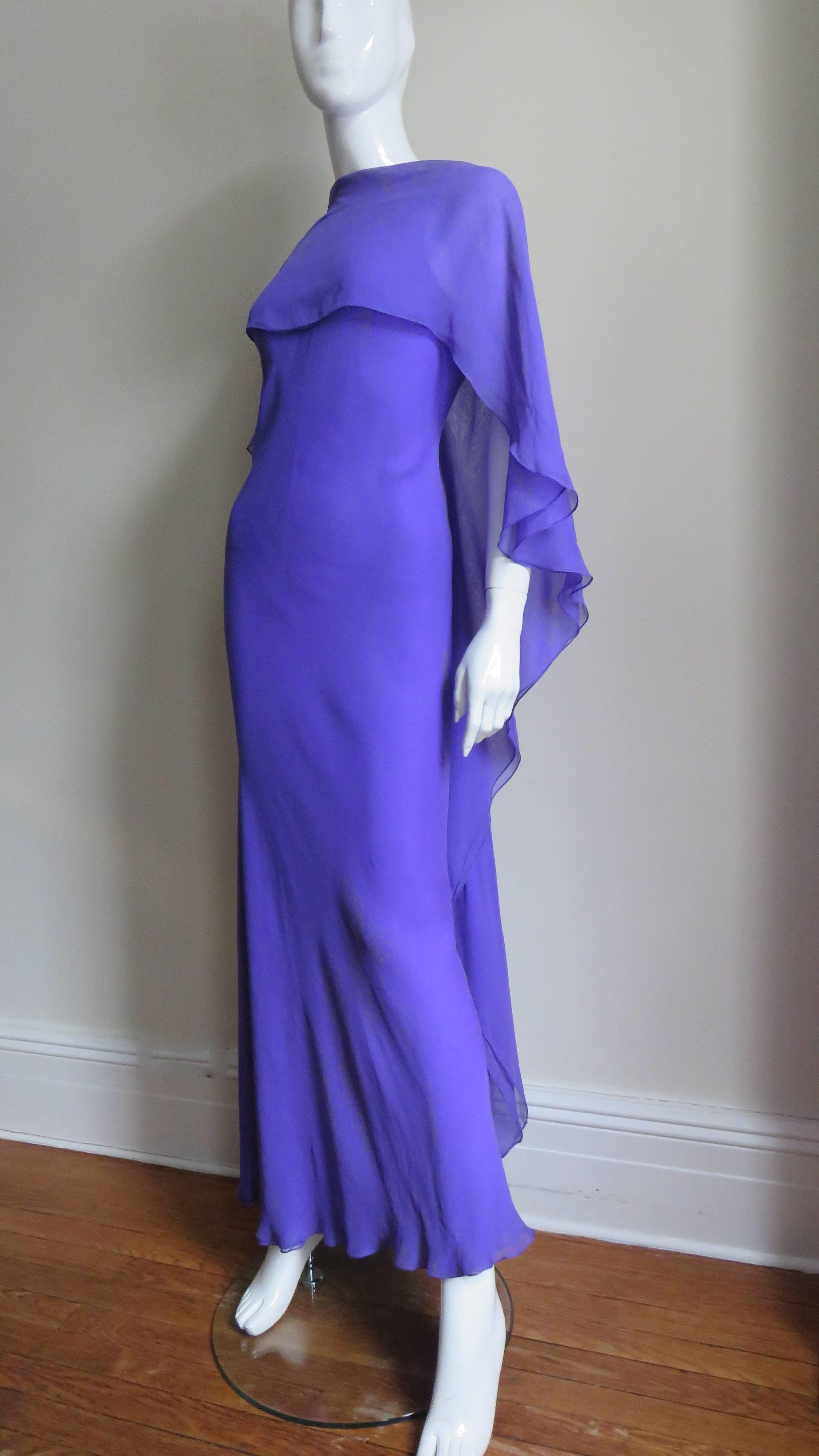 Purple 1970s Halston Plunge Back Cape Dress
