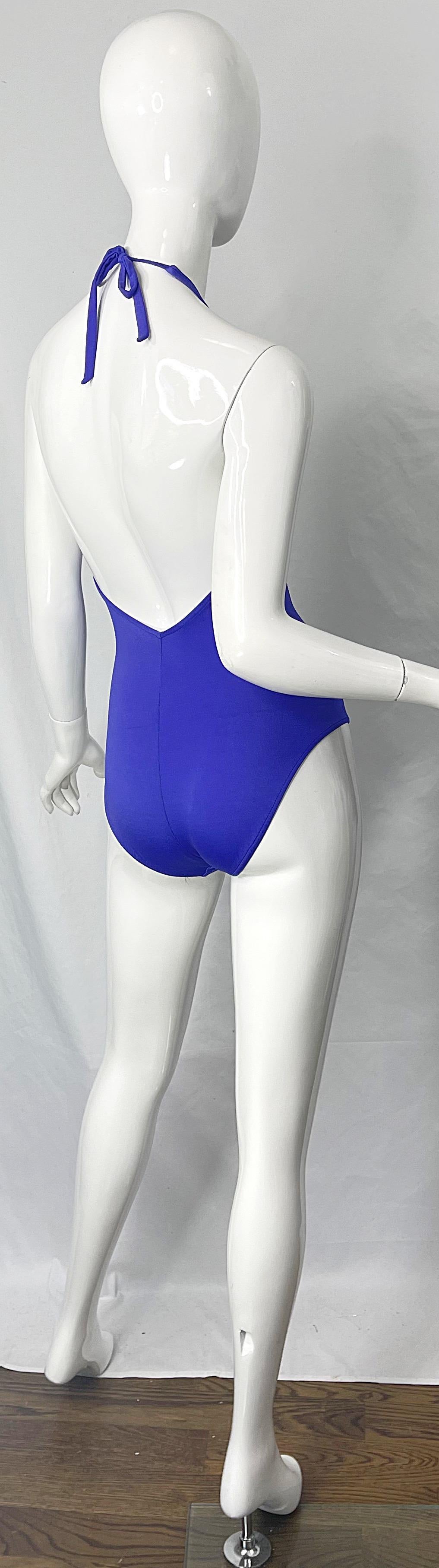 1970s Halston Purple Plunging One Piece Vintage 70s Halter Swimsuit Bodysuit For Sale 4