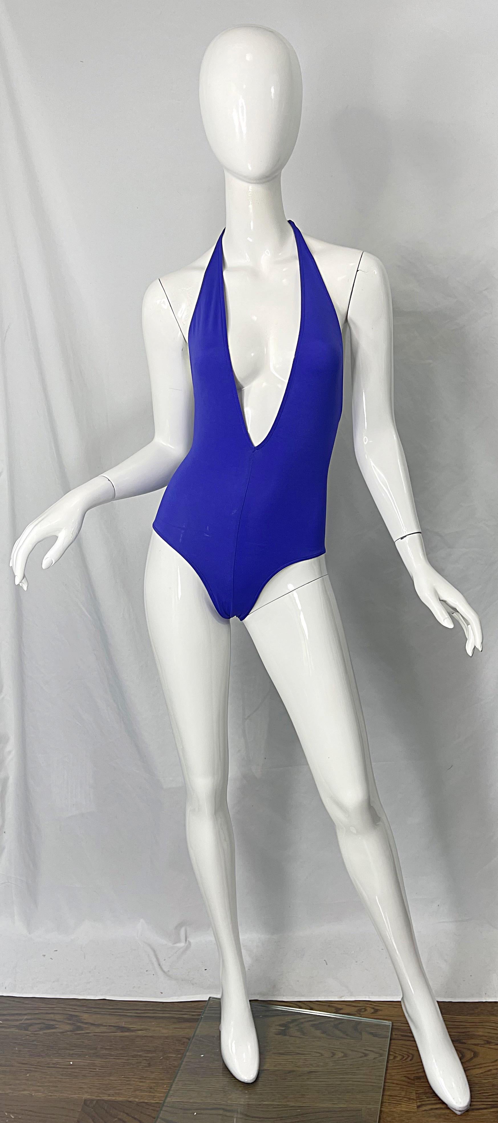 1970s Halston Purple Plunging One Piece Vintage 70s Halter Swimsuit Bodysuit For Sale 6