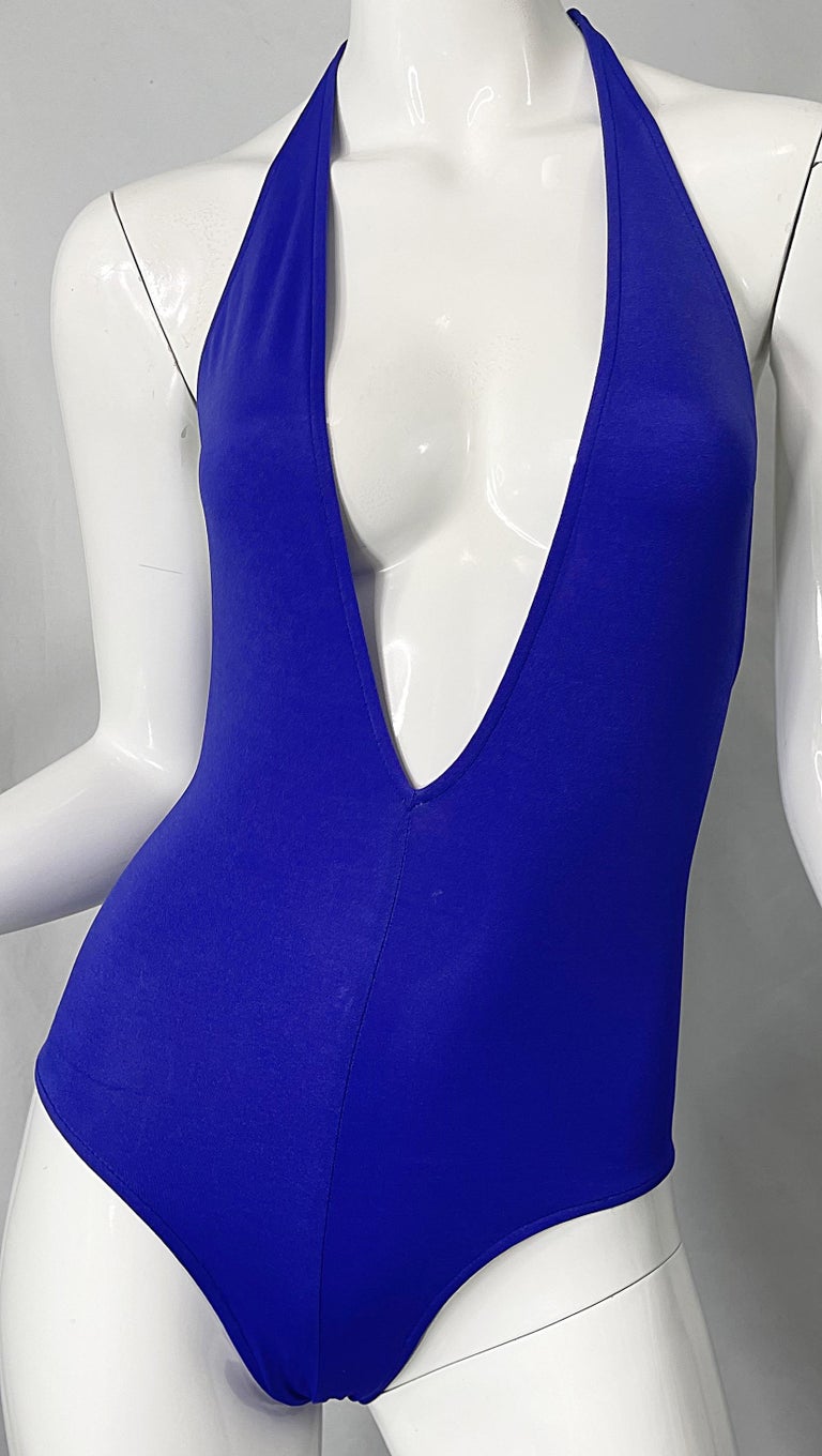 1970s Halston Purple Plunging One Piece Vintage 70s Halter Swimsuit  Bodysuit For Sale at 1stDibs