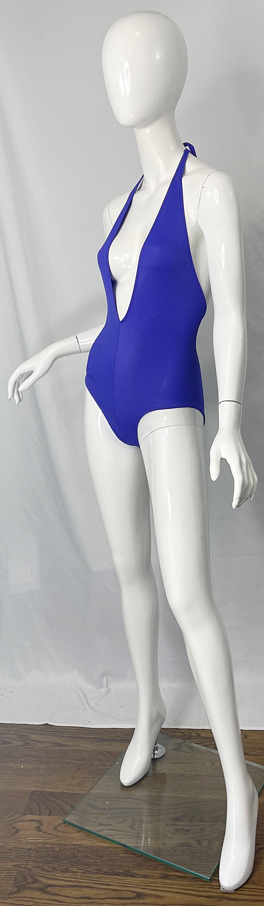 Women's 1970s Halston Purple Plunging One Piece Vintage 70s Halter Swimsuit Bodysuit For Sale