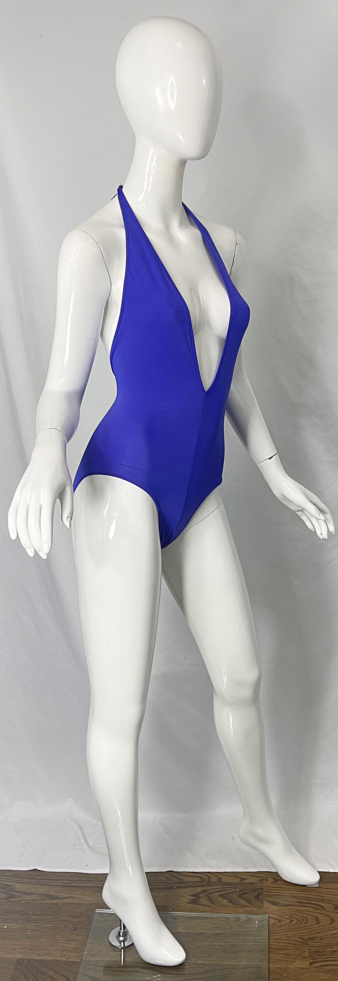 1970s Halston Purple Plunging One Piece Vintage 70s Halter Swimsuit Bodysuit For Sale 1