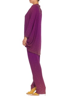 1970S HALSTON Purple Silk Chiffon Metallic Studded Ensemble
