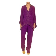 HALSTON Lila Seide Chiffon Metallic Nieten Ensemble 1970er Jahre
