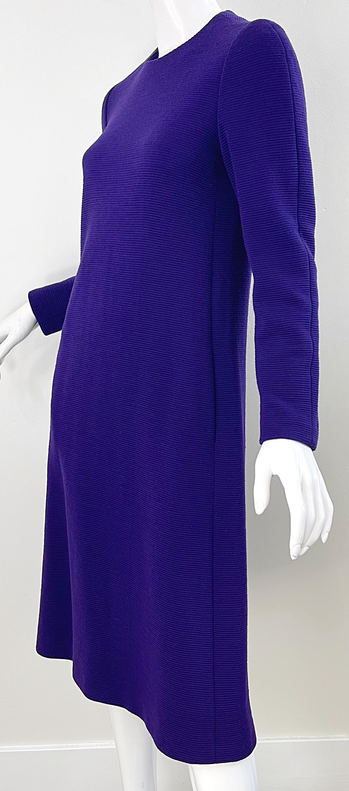 1970s Halston Purple Wool Long Sleeve Vintage Chic 70s Tailored Dress For Sale 6