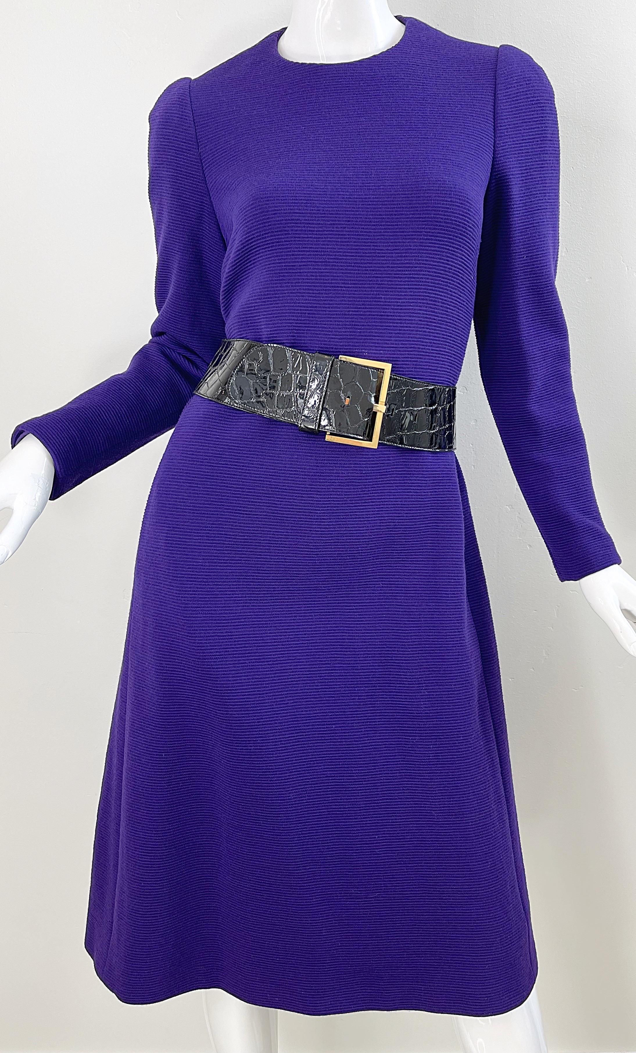 1970s Halston Purple Wool Long Sleeve Vintage Chic 70s Tailored Dress For Sale 7