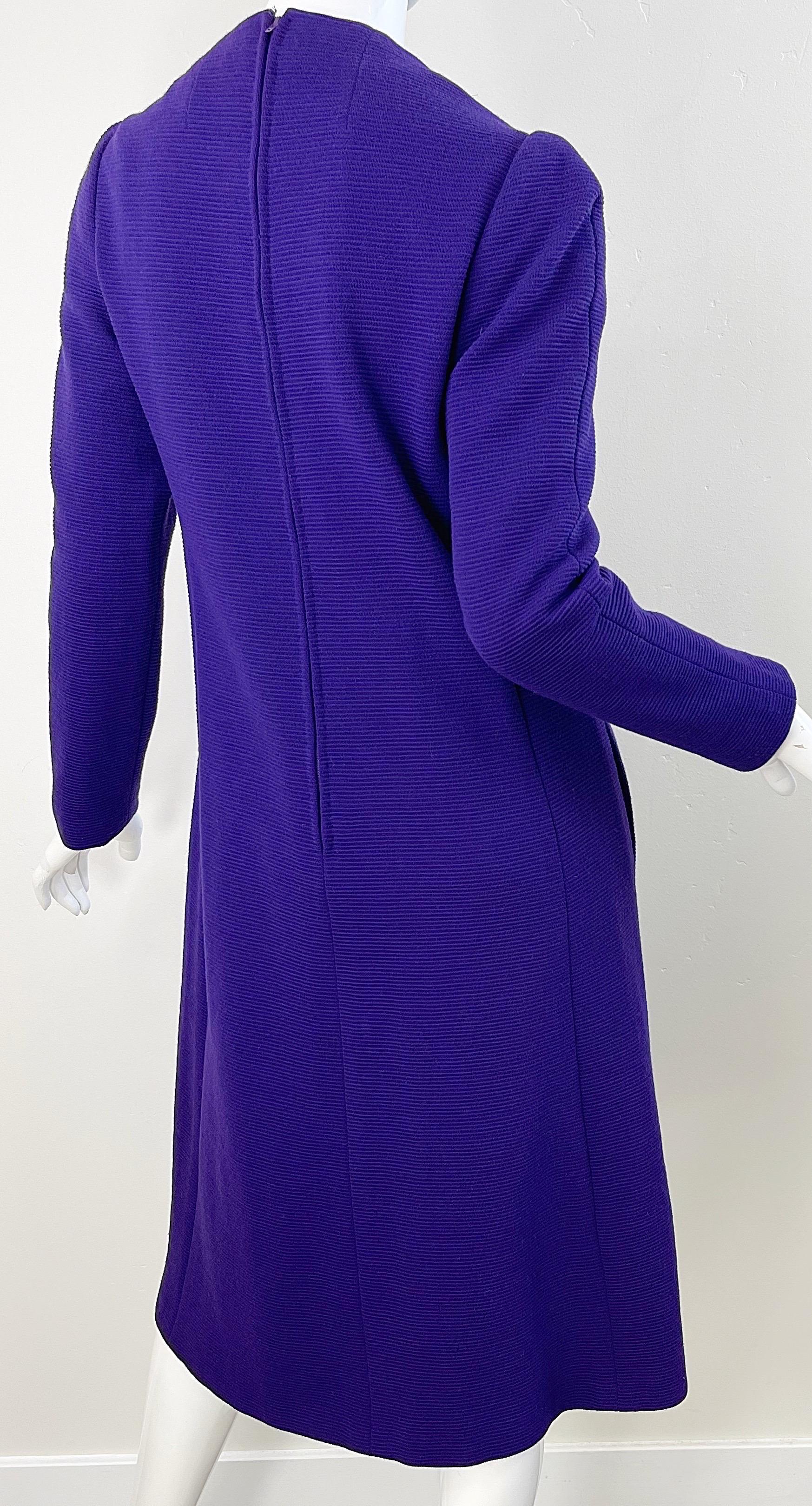 1970s Halston Purple Wool Long Sleeve Vintage Chic 70s Tailored Dress For Sale 8