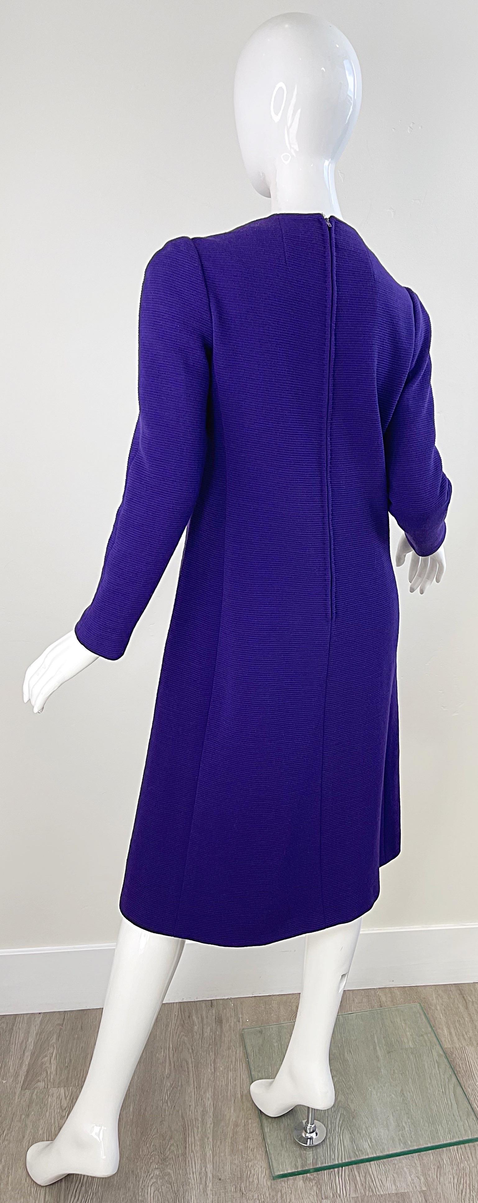 1970s Halston Purple Wool Long Sleeve Vintage Chic 70s Tailored Dress For Sale 9