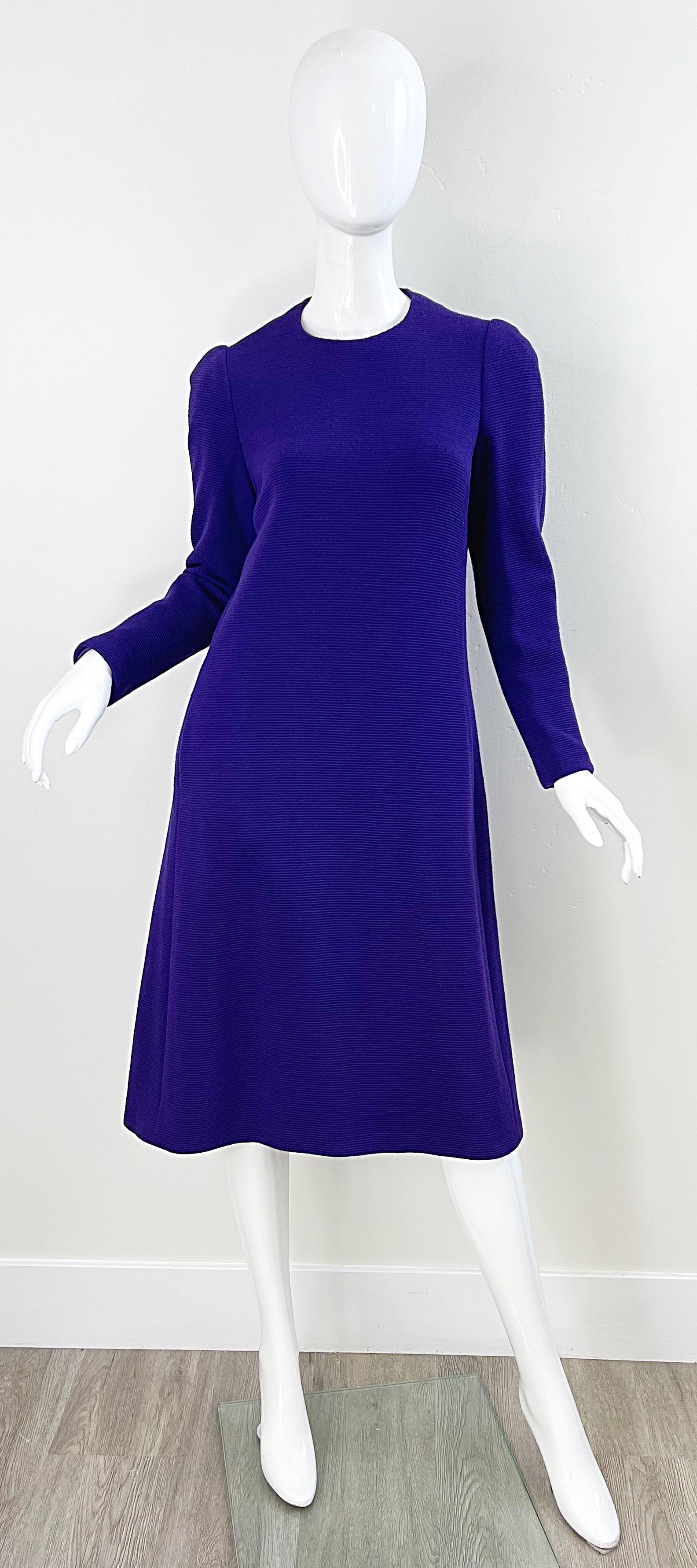 1970s Halston Purple Wool Long Sleeve Vintage Chic 70s Tailored Dress For Sale 10