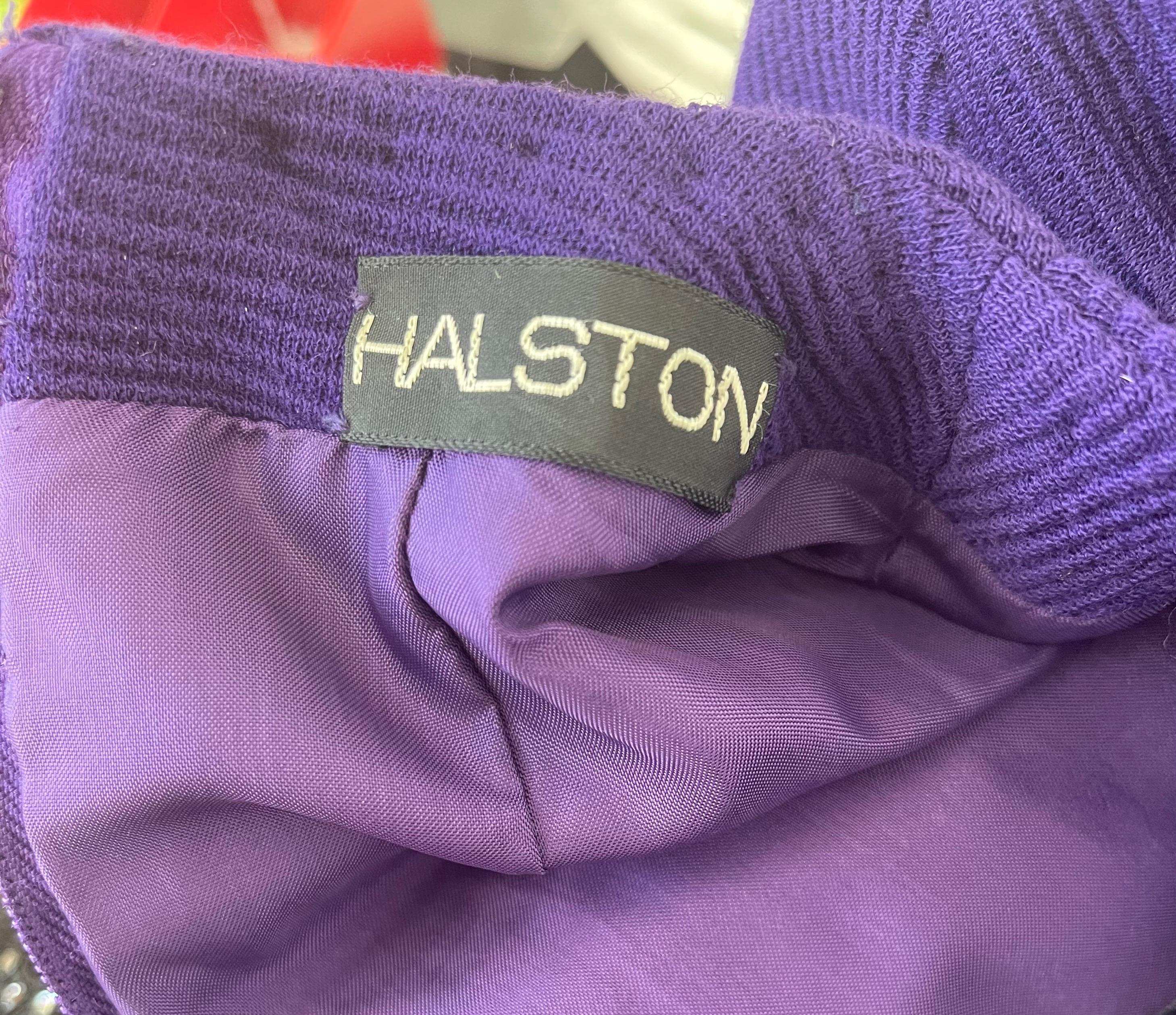 Chic late 70s HALSTON purple wool long sleeve dress ! Features the perfect color purple that looks great on any skin tone. Tailored bodice with a slight A-Line skirt. Hidden zipper up the back with hook-and-eye closure. Pockets at each side of thew