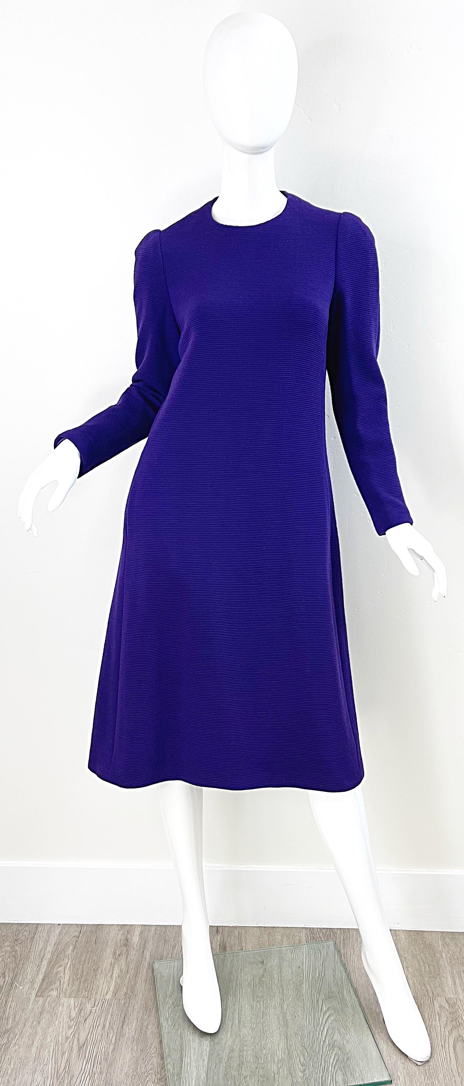1970s Halston Purple Wool Long Sleeve Vintage Chic 70s Tailored Dress In Excellent Condition For Sale In San Diego, CA