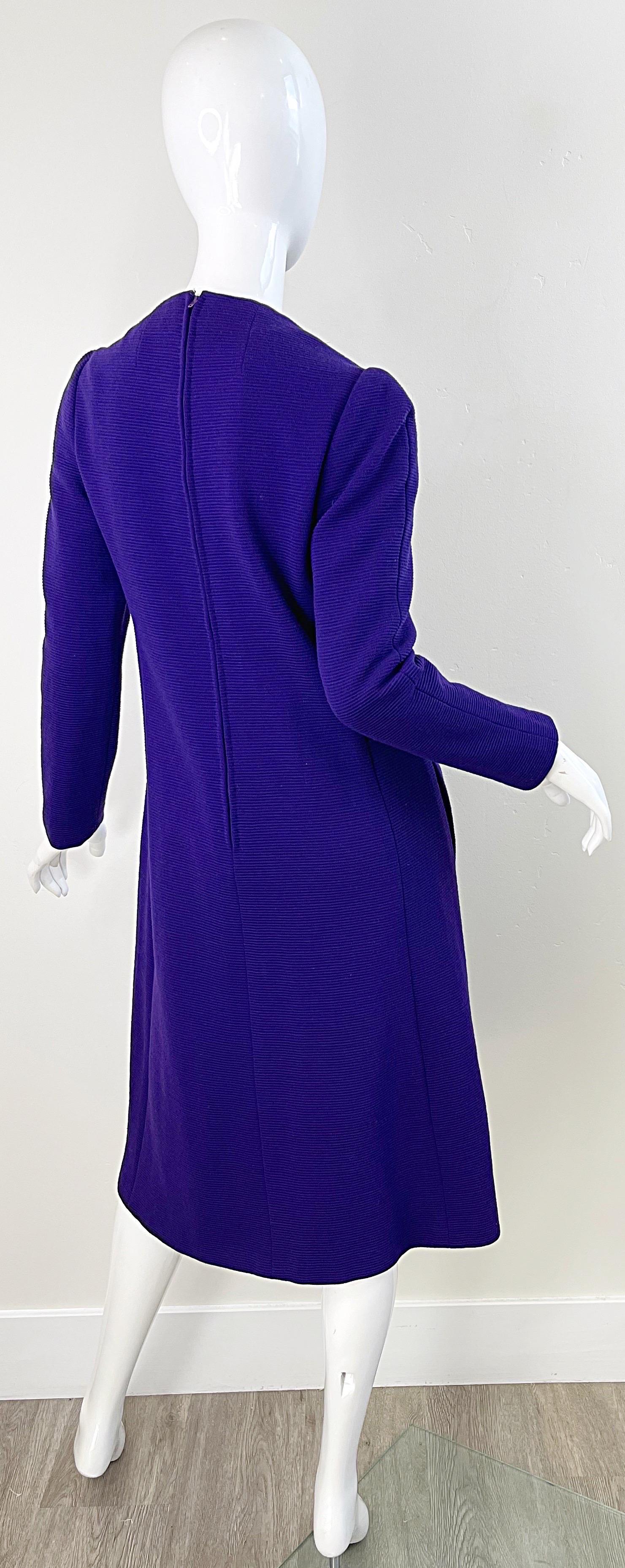 Women's 1970s Halston Purple Wool Long Sleeve Vintage Chic 70s Tailored Dress For Sale