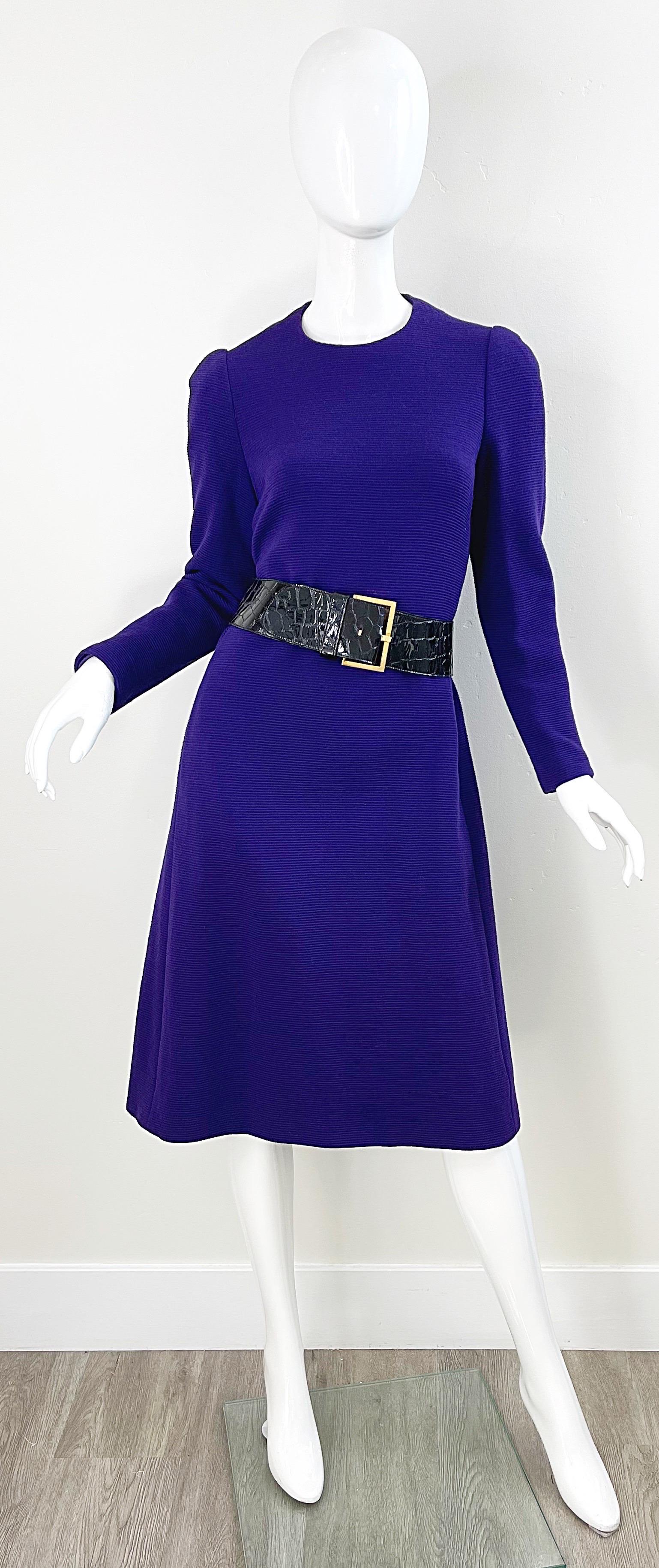 1970s Halston Purple Wool Long Sleeve Vintage Chic 70s Tailored Dress For Sale 1