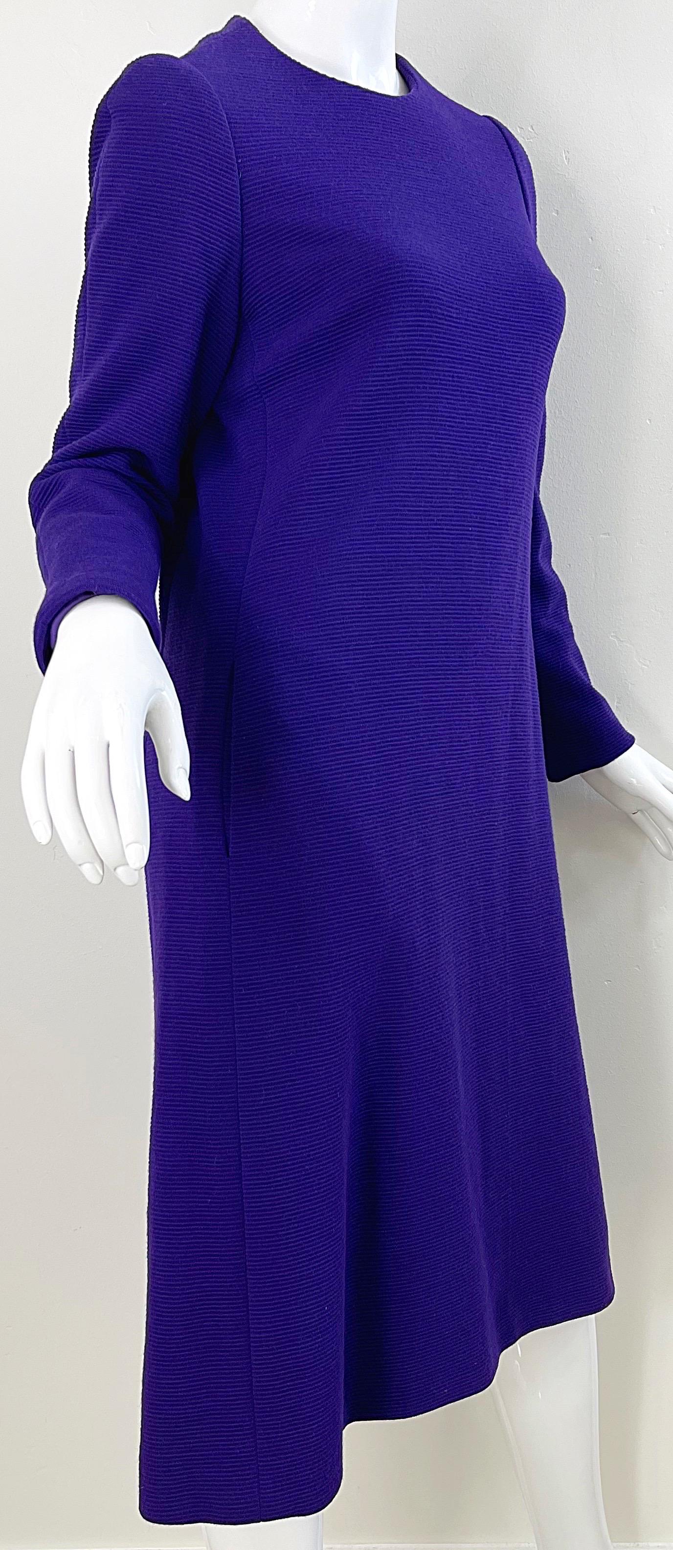 1970s Halston Purple Wool Long Sleeve Vintage Chic 70s Tailored Dress For Sale 2