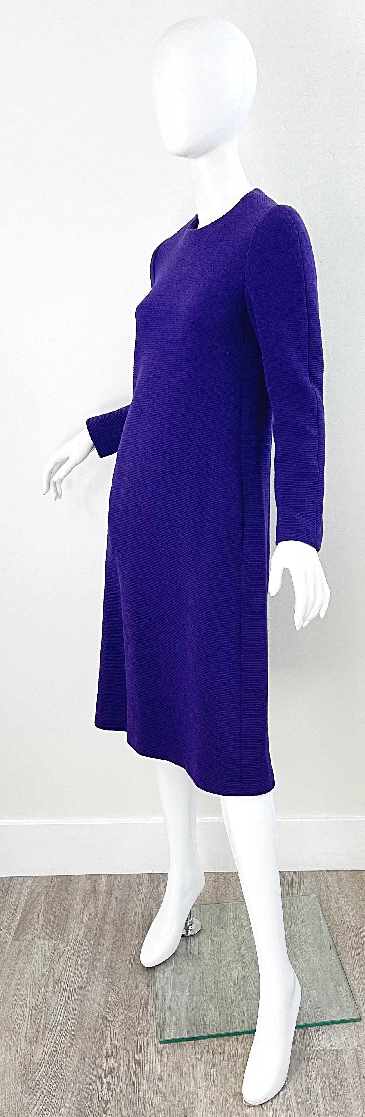1970s Halston Purple Wool Long Sleeve Vintage Chic 70s Tailored Dress For Sale 3