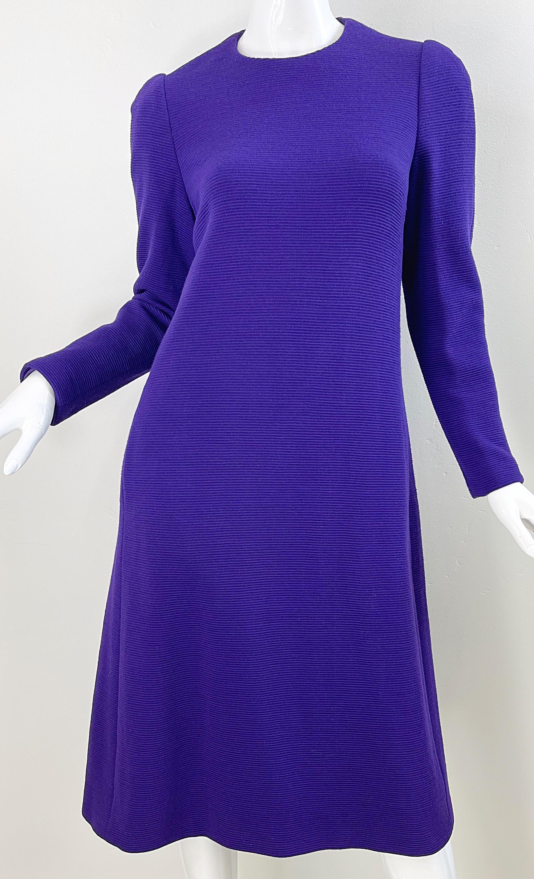 1970s Halston Purple Wool Long Sleeve Vintage Chic 70s Tailored Dress For Sale 4
