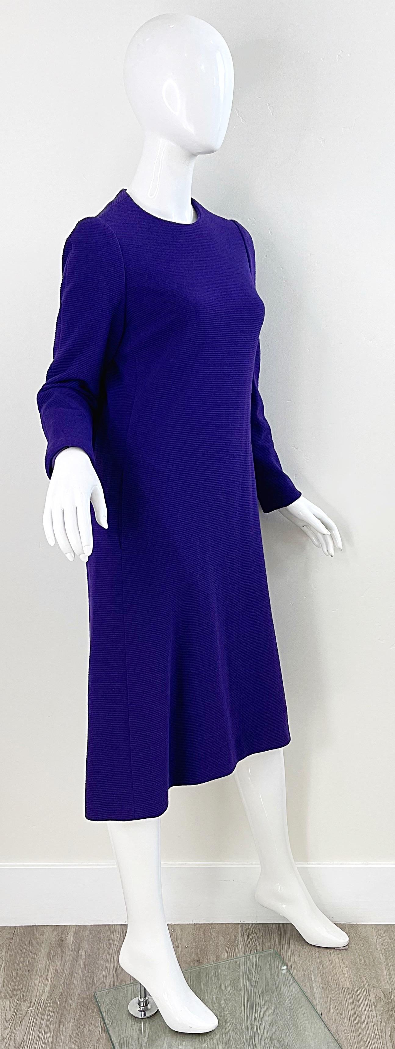 1970s Halston Purple Wool Long Sleeve Vintage Chic 70s Tailored Dress For Sale 5
