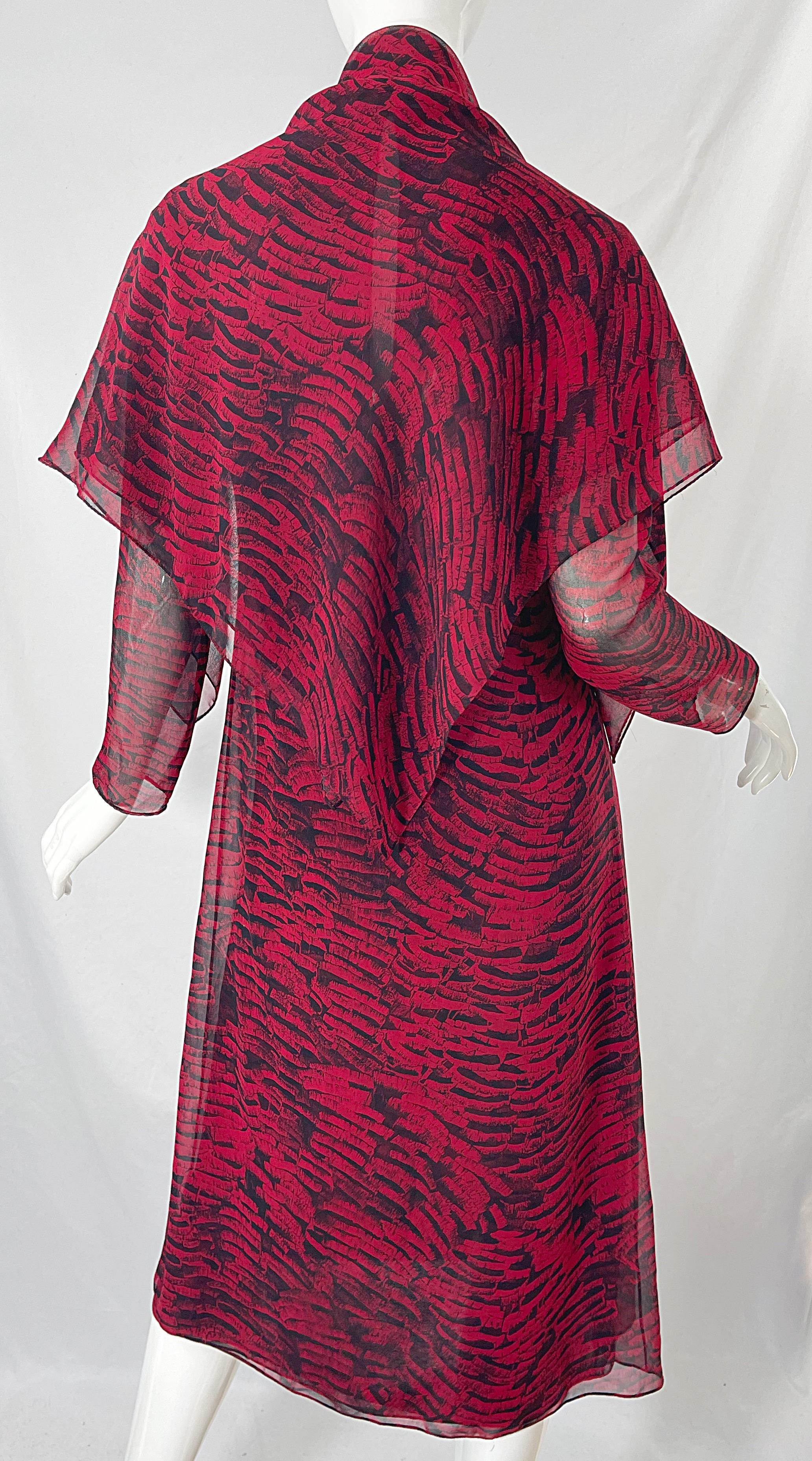 1970s Halston Red + Black Abstract Animal Print Three Piece 70s Dress Ensemble For Sale 11
