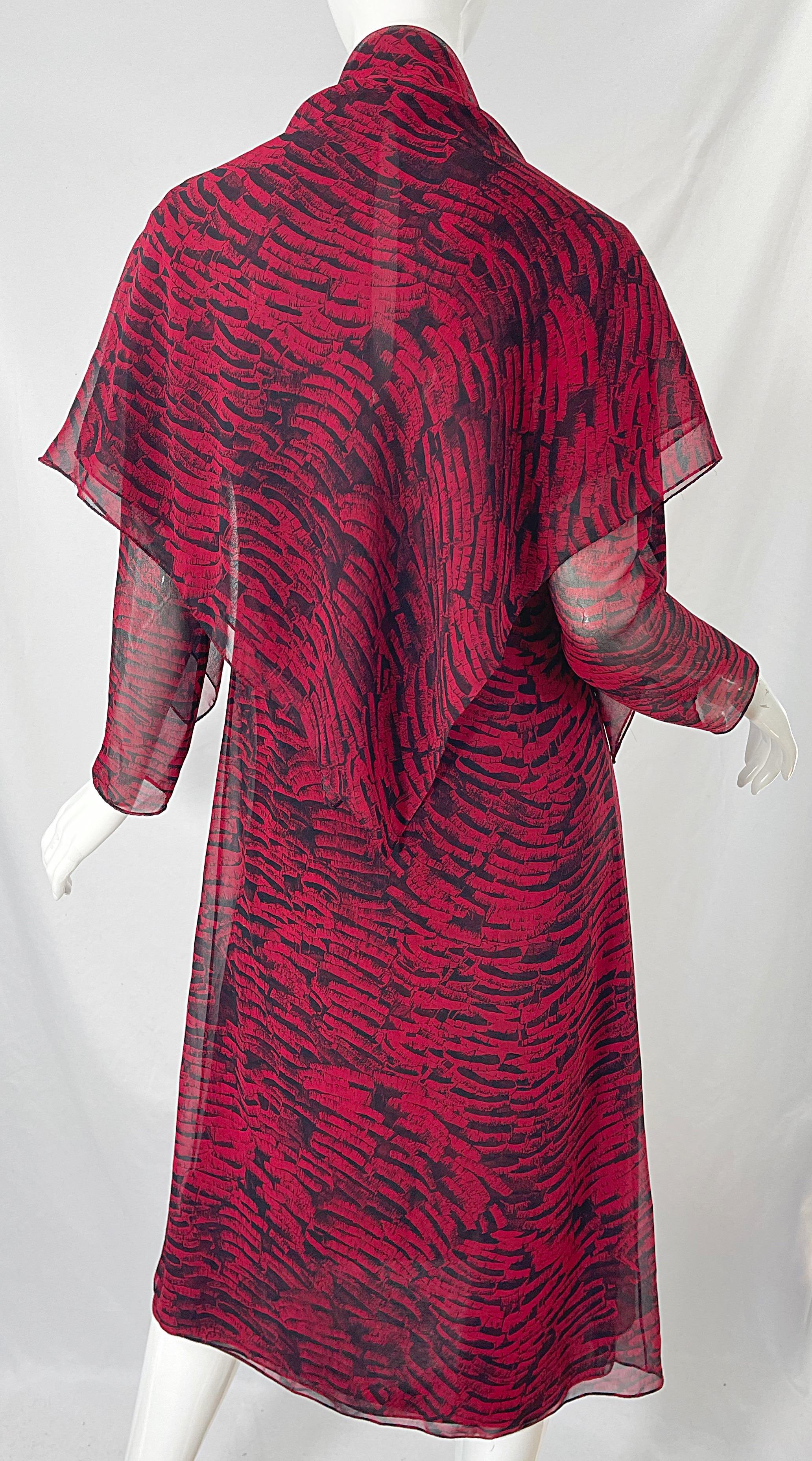 1970s Halston Red + Black Abstract Animal Print Three Piece 70s Dress Ensemble in vendita 14