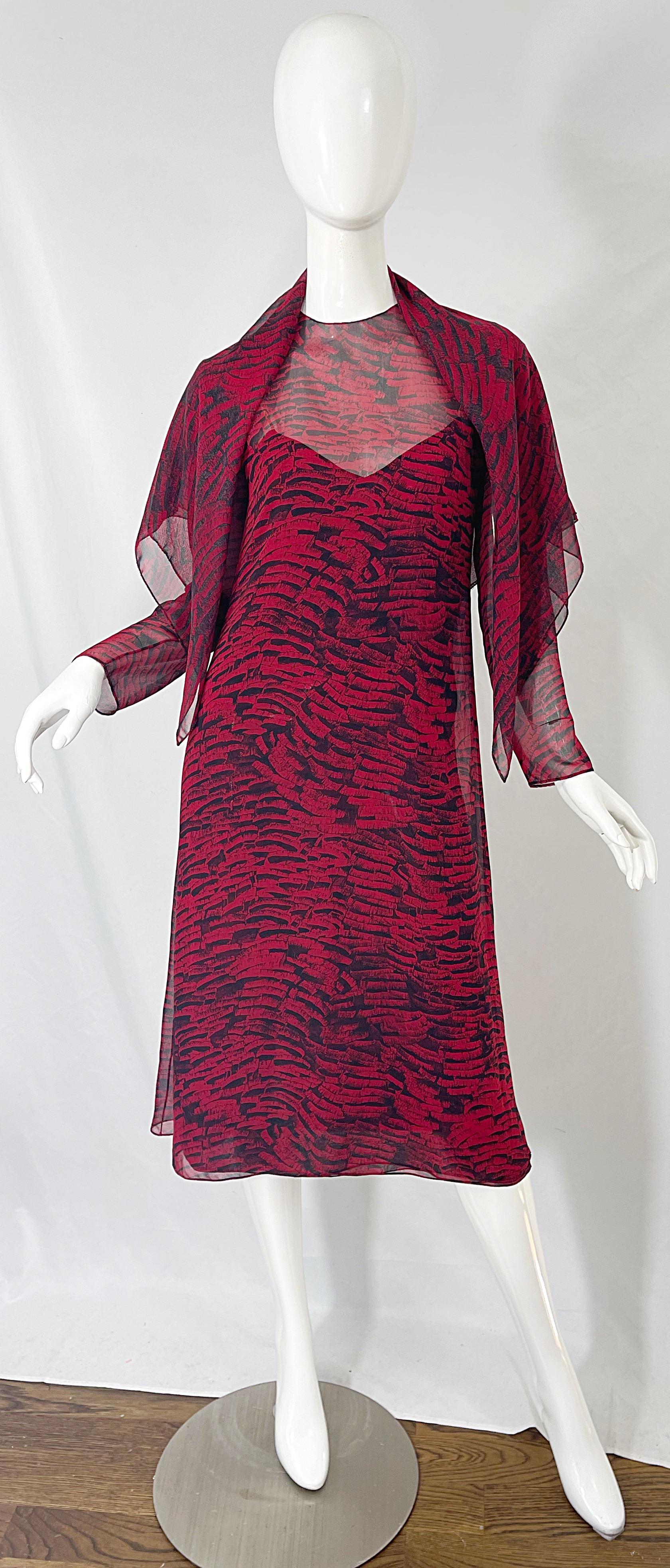 1970s Halston Red + Black Abstract Animal Print Three Piece 70s Dress Ensemble For Sale 12
