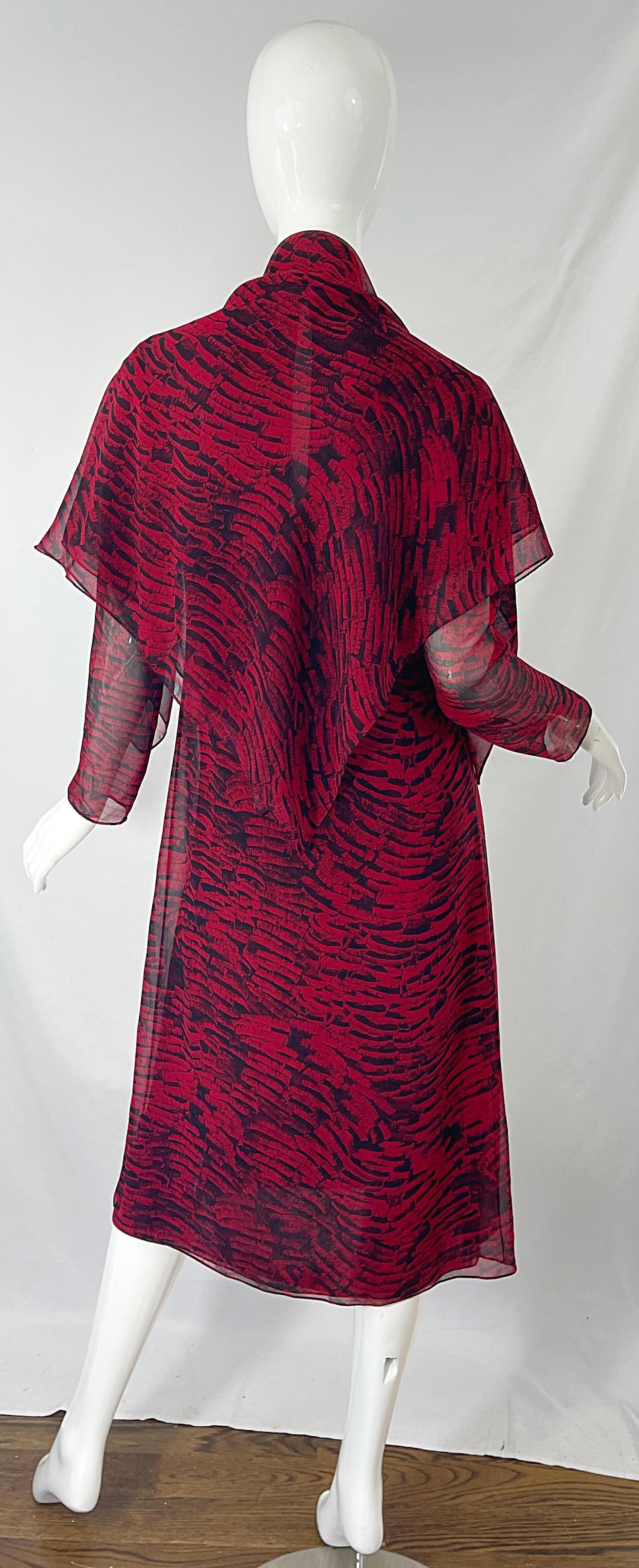 1970s Halston Red + Black Abstract Animal Print Three Piece 70s Dress Ensemble For Sale 1