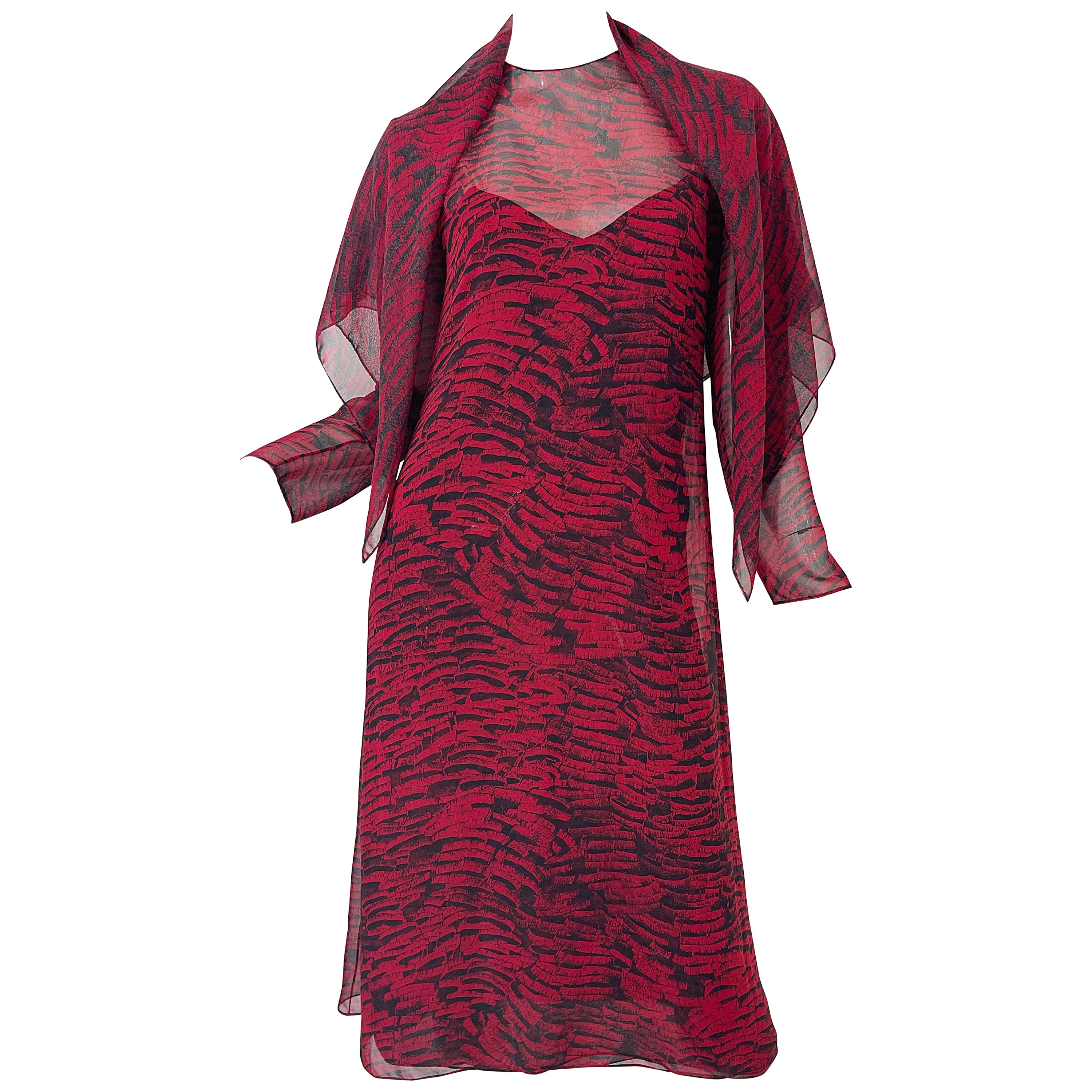 1970s Halston Red + Black Abstract Animal Print Three Piece 70s Dress Ensemble im Angebot