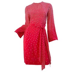 1970s Halston Red + Ivory White Silk Long Bell Sleeve Vintage 70s Dress + Sash