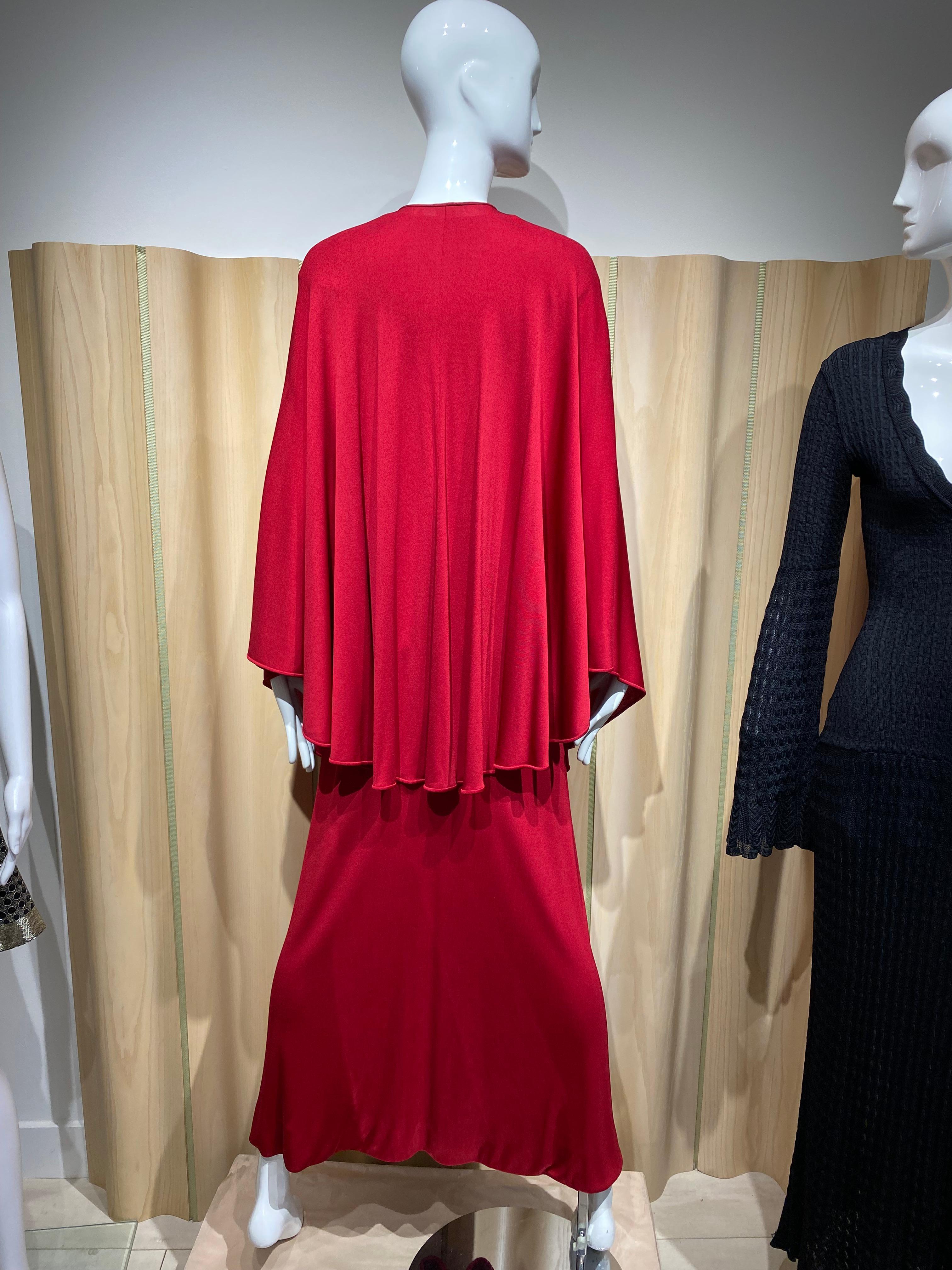 1970s Halston Red Jersey Maxi Dress with Cape For Sale 1