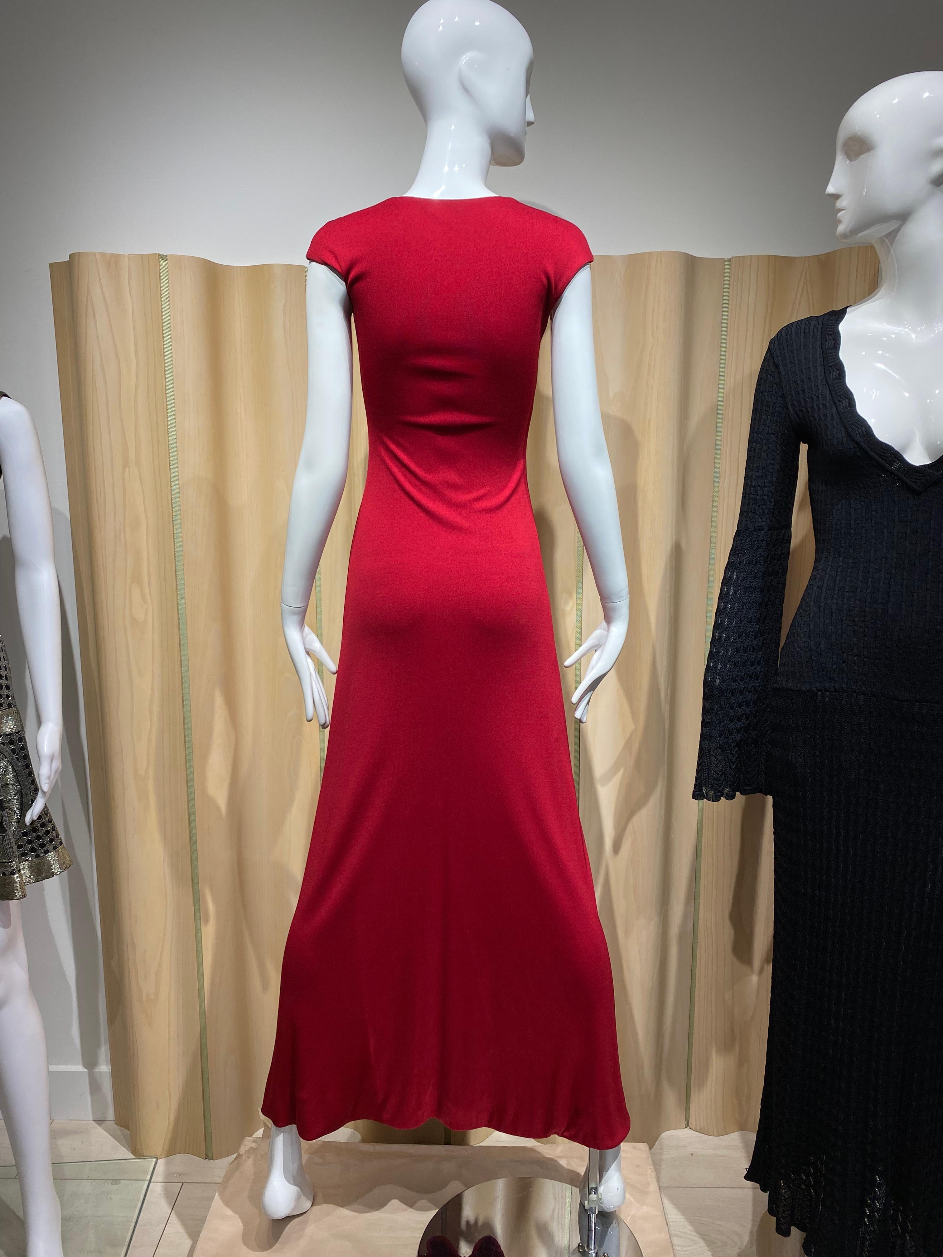 1970s Halston Red Jersey Maxi Dress with Cape For Sale 3