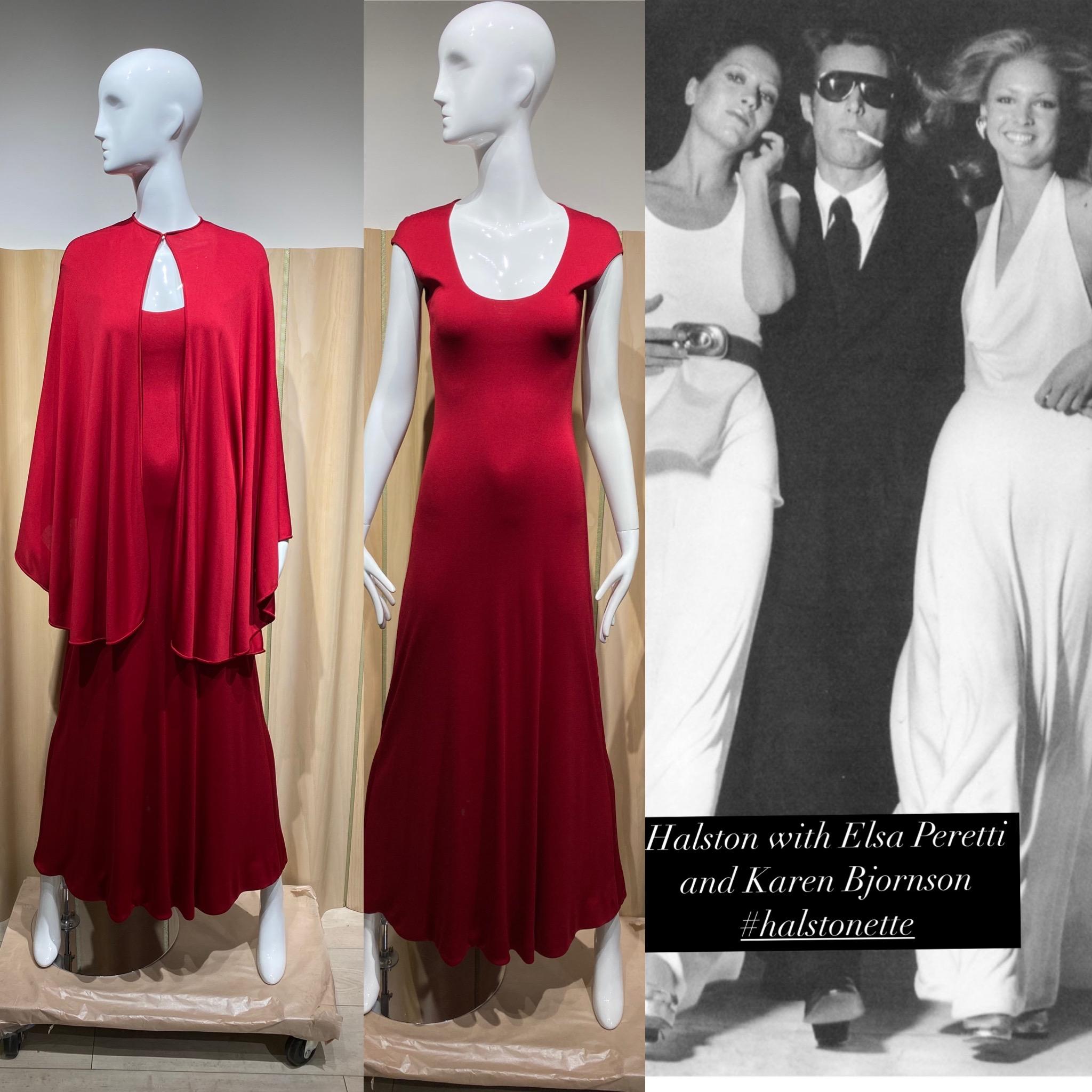 1970s Halston Red Jersey Maxi Dress with Cape For Sale 5