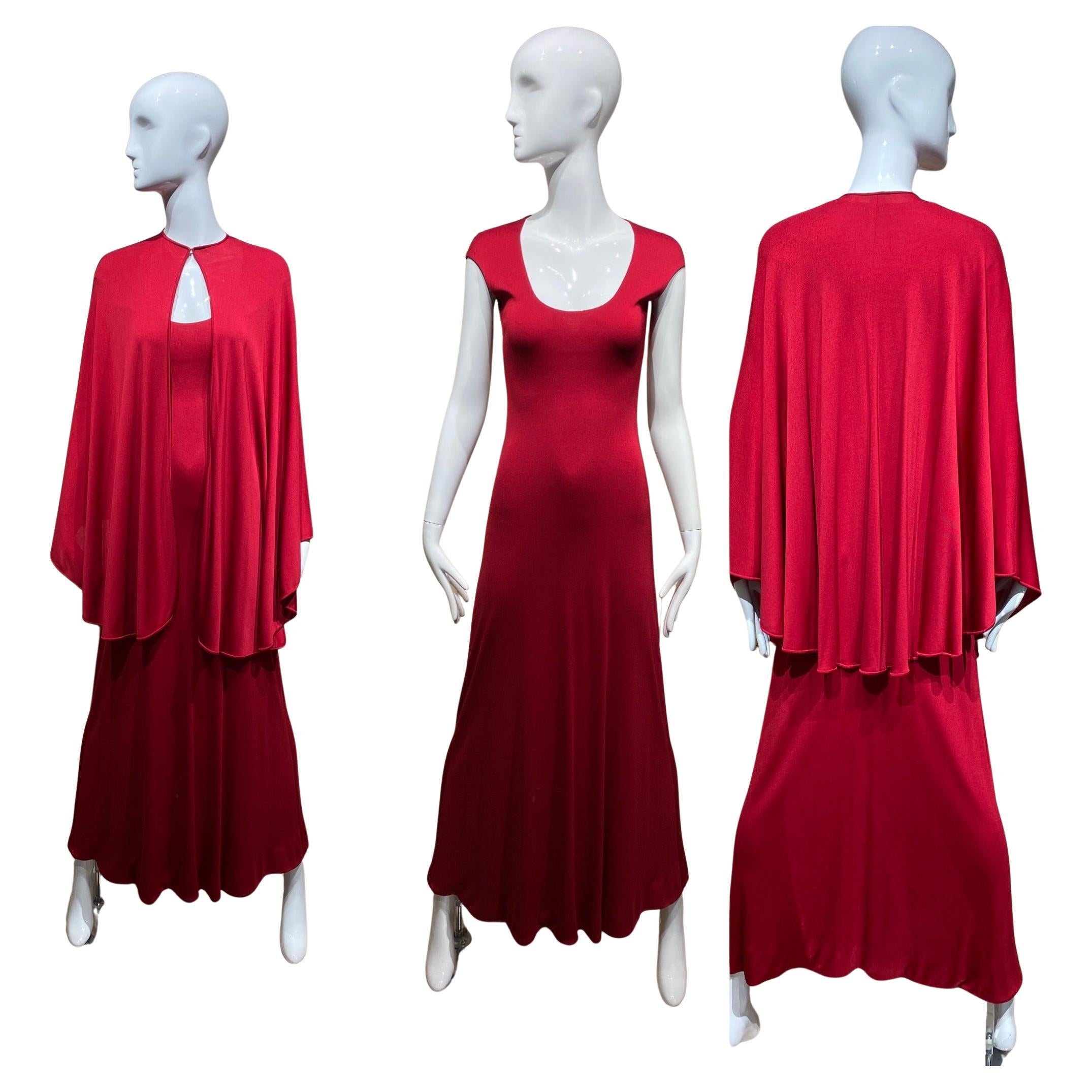 1970s Halston Red Jersey Maxi Dress with Cape For Sale