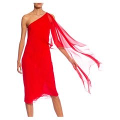 1970S HALSTON Red Silk Chiffon One Shoulder Dress