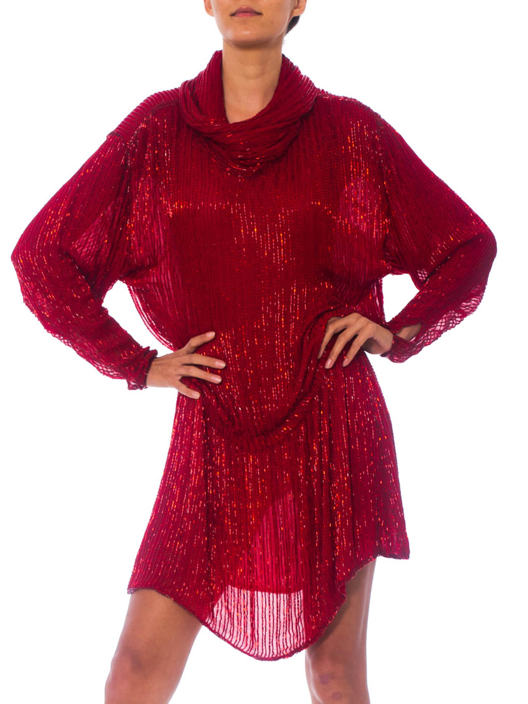 1970S HALSTON Red Silk Chiffon Oversized Mini Cocktail Dress Covered In Bugle Beads