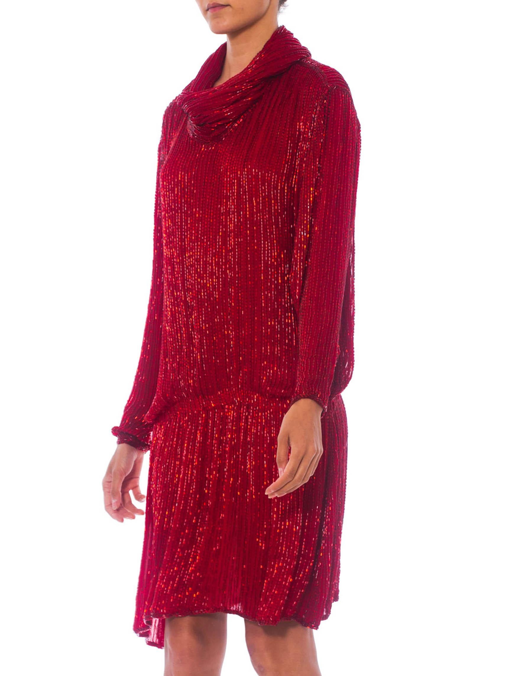 1970S HALSTON Red Silk Chiffon Oversized Mini Cocktail Dress Covered In Bugle B In Excellent Condition For Sale In New York, NY