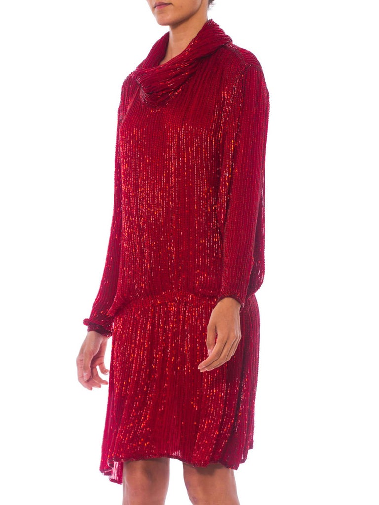 1970S HALSTON Red Silk Chiffon Oversized Mini Cocktail Dress Covered In ...