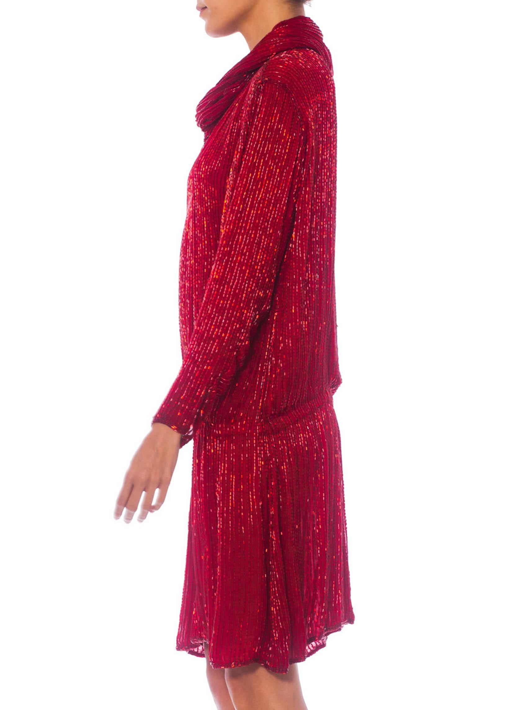 Women's 1970S HALSTON Red Silk Chiffon Oversized Mini Cocktail Dress Covered In Bugle B For Sale