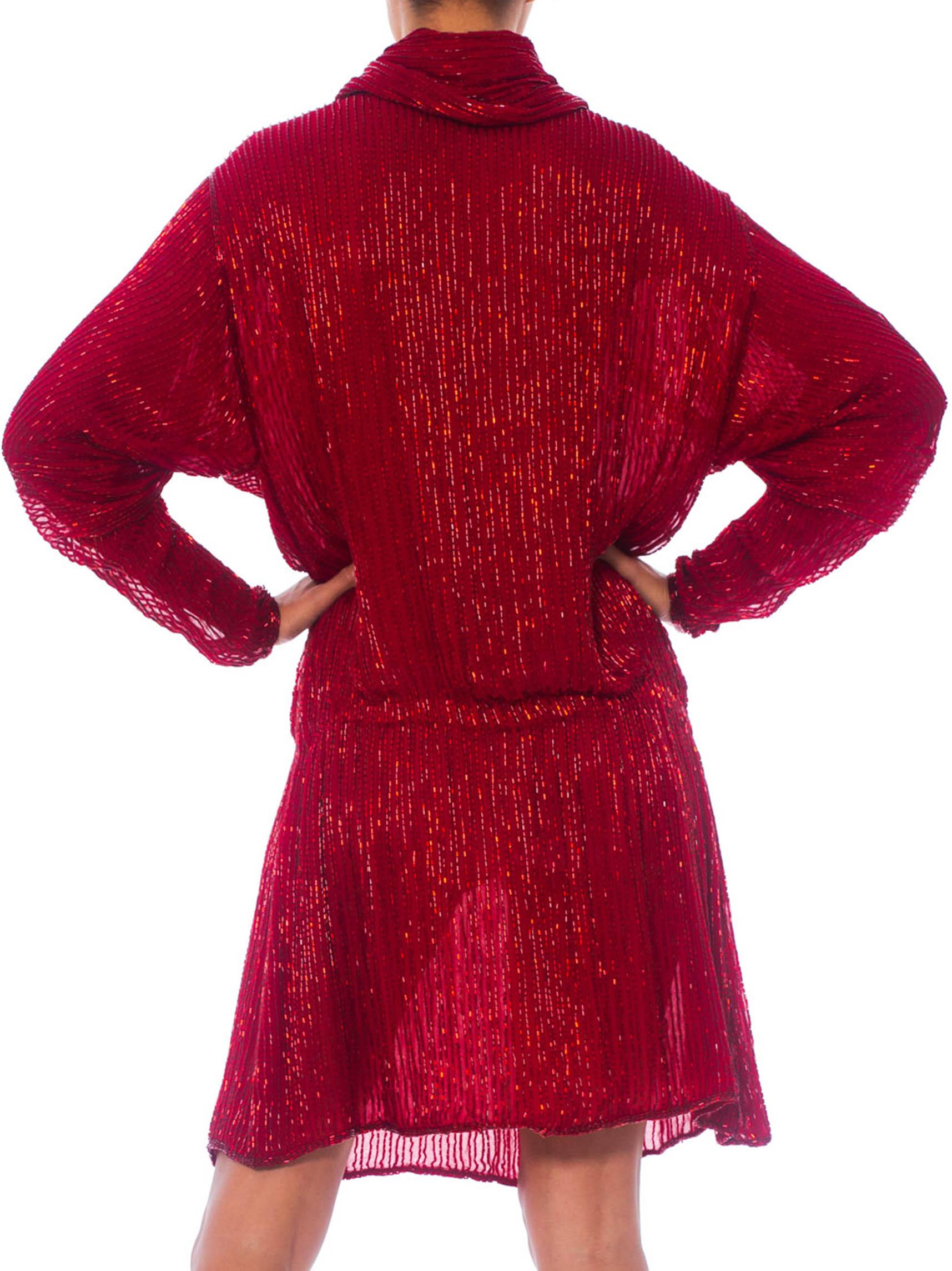 1970S HALSTON Red Silk Chiffon Oversized Mini Cocktail Dress Covered In Bugle B For Sale 1