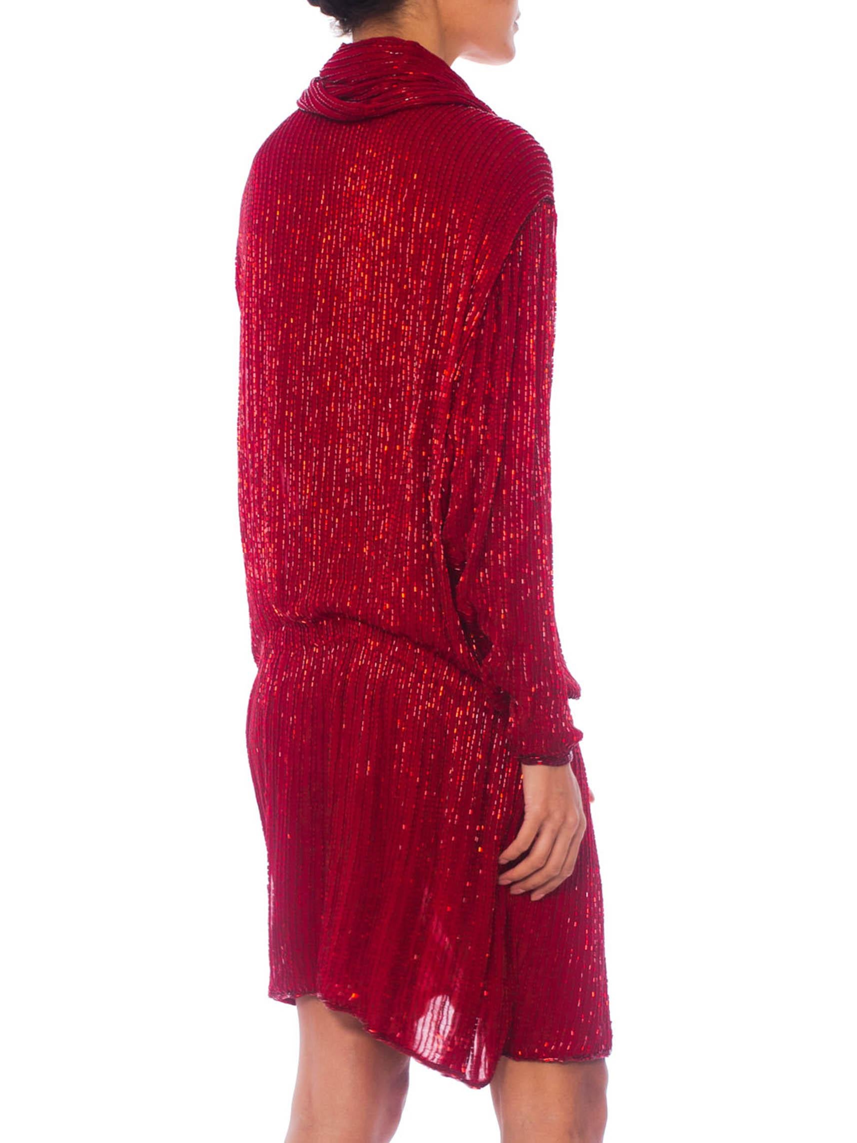 1970S HALSTON Red Silk Chiffon Oversized Mini Cocktail Dress Covered In Bugle B For Sale 2
