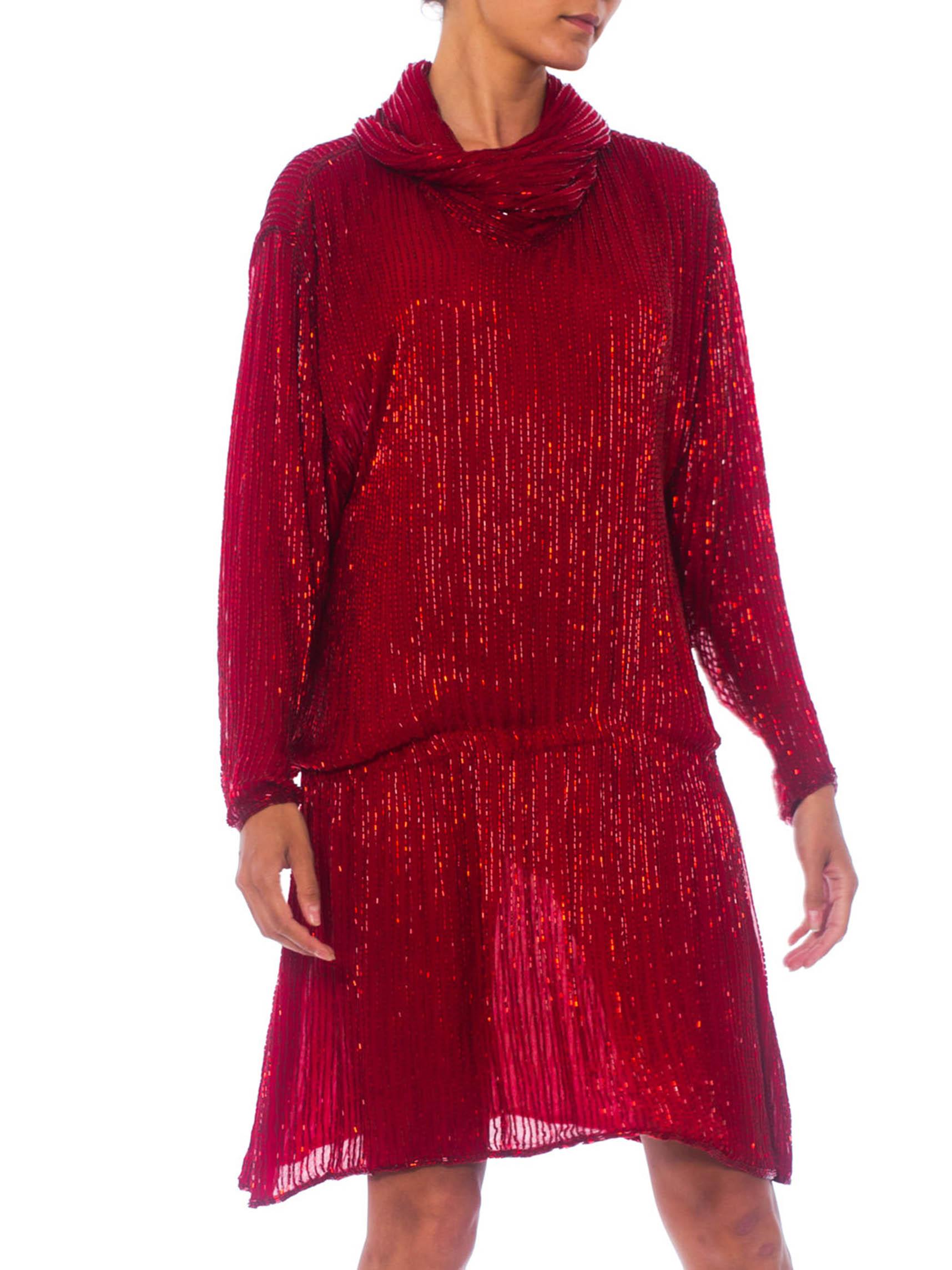 1970S HALSTON Red Silk Chiffon Oversized Mini Cocktail Dress Covered In Bugle B For Sale 3