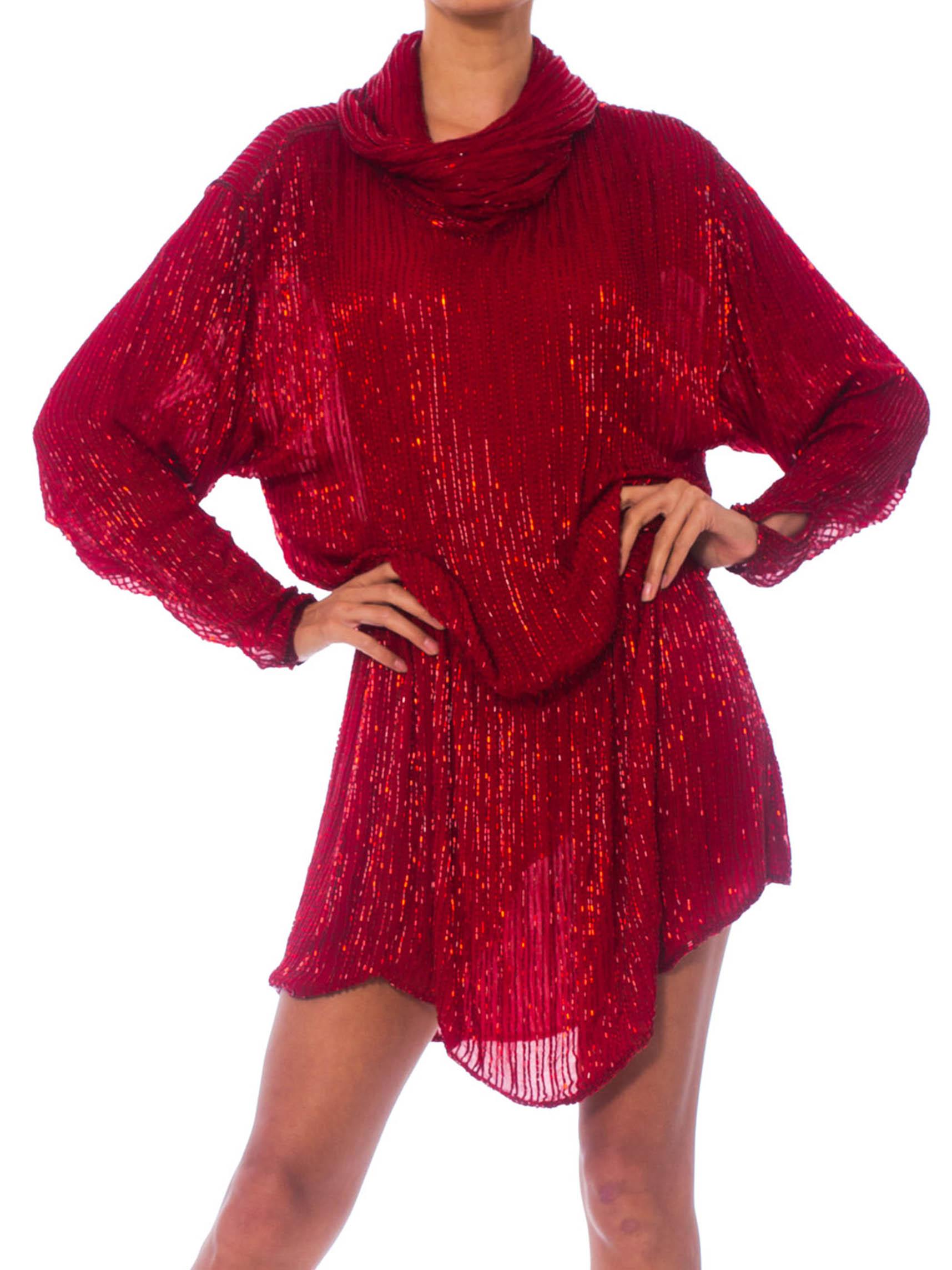 1970S HALSTON Red Silk Chiffon Oversized Mini Cocktail Dress Covered In Bugle B For Sale 4