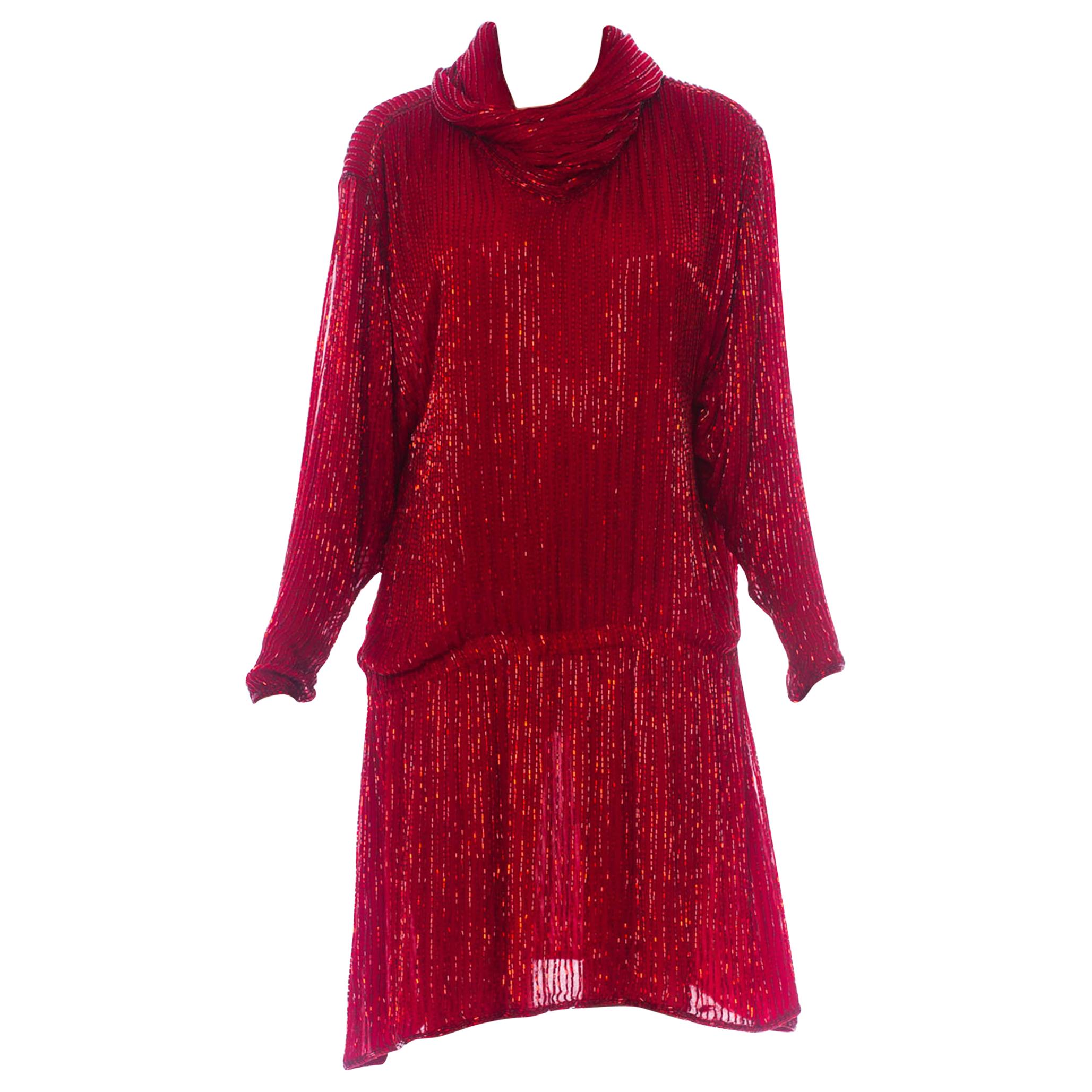 1970S HALSTON Red Silk Chiffon Oversized Mini Cocktail Dress Covered In Bugle B For Sale