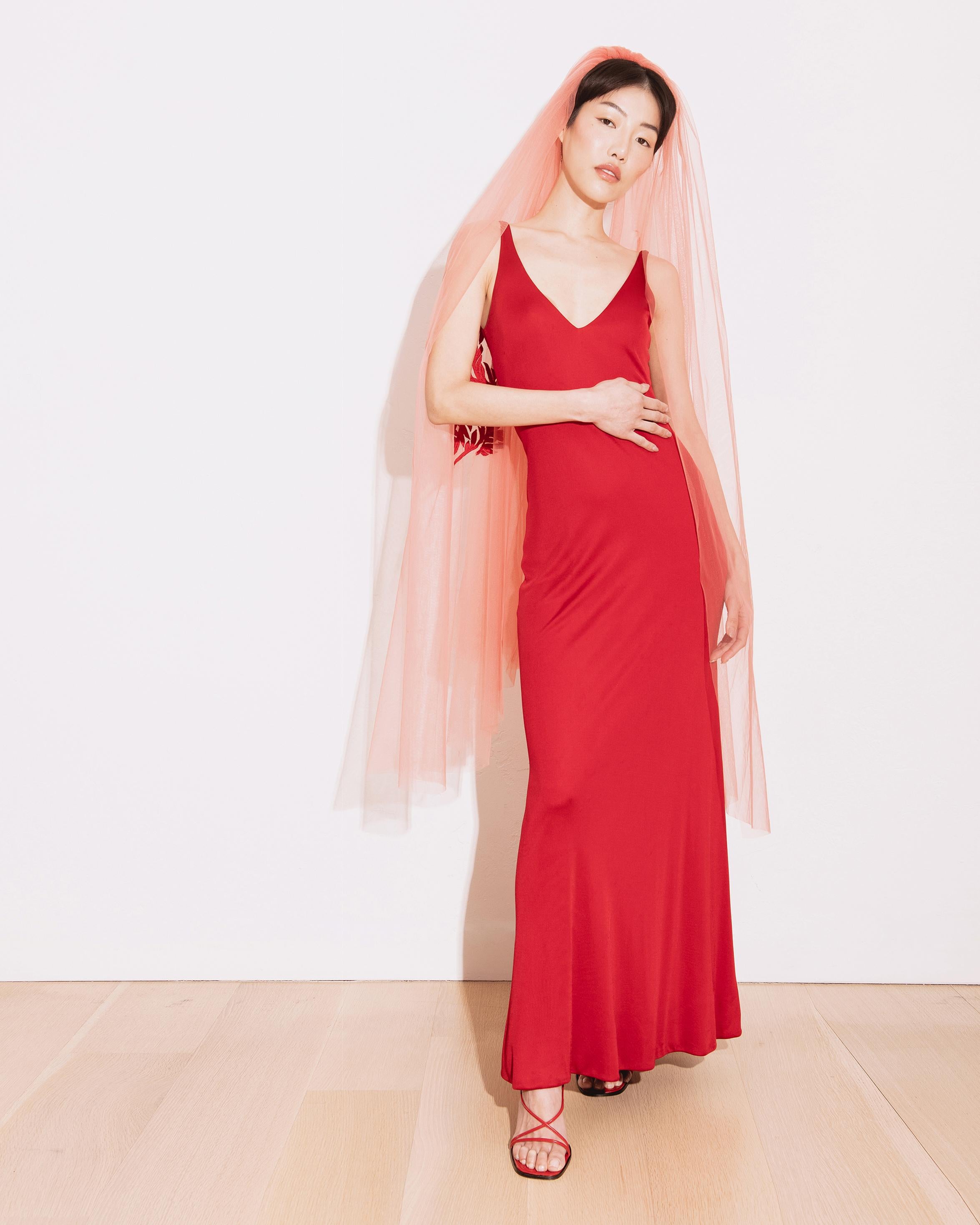 1970's Halston Red V-Neck Jersey Gown 4