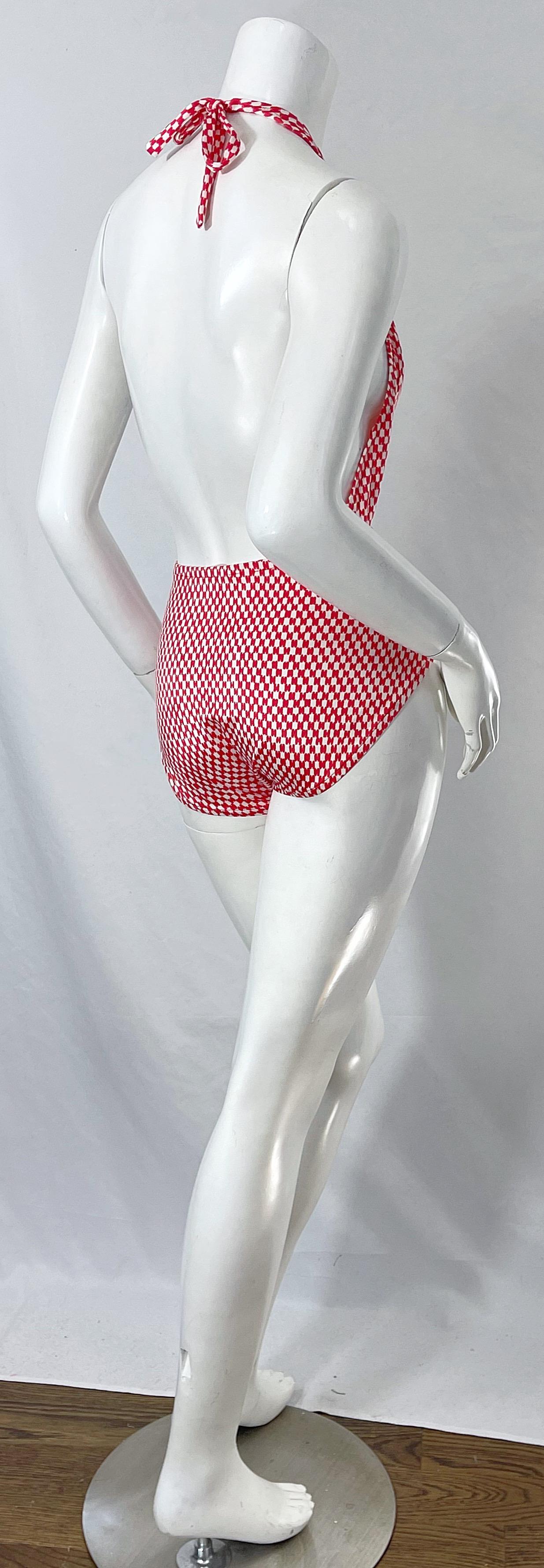 1970s Halston Savage MET Museum Logo Print Plunging Vintage 70s Swimsuit & Tunic In Excellent Condition In San Diego, CA